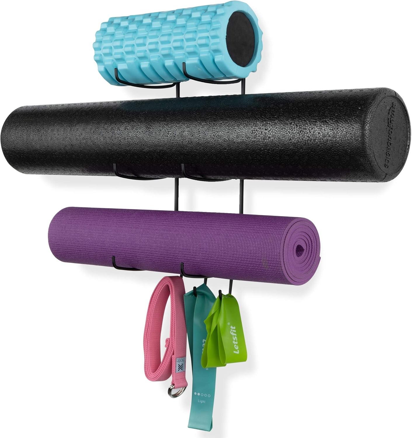 Guru Yoga Mat Holder Wall Mount with 3 Hooks for Hanging Yoga Strap,