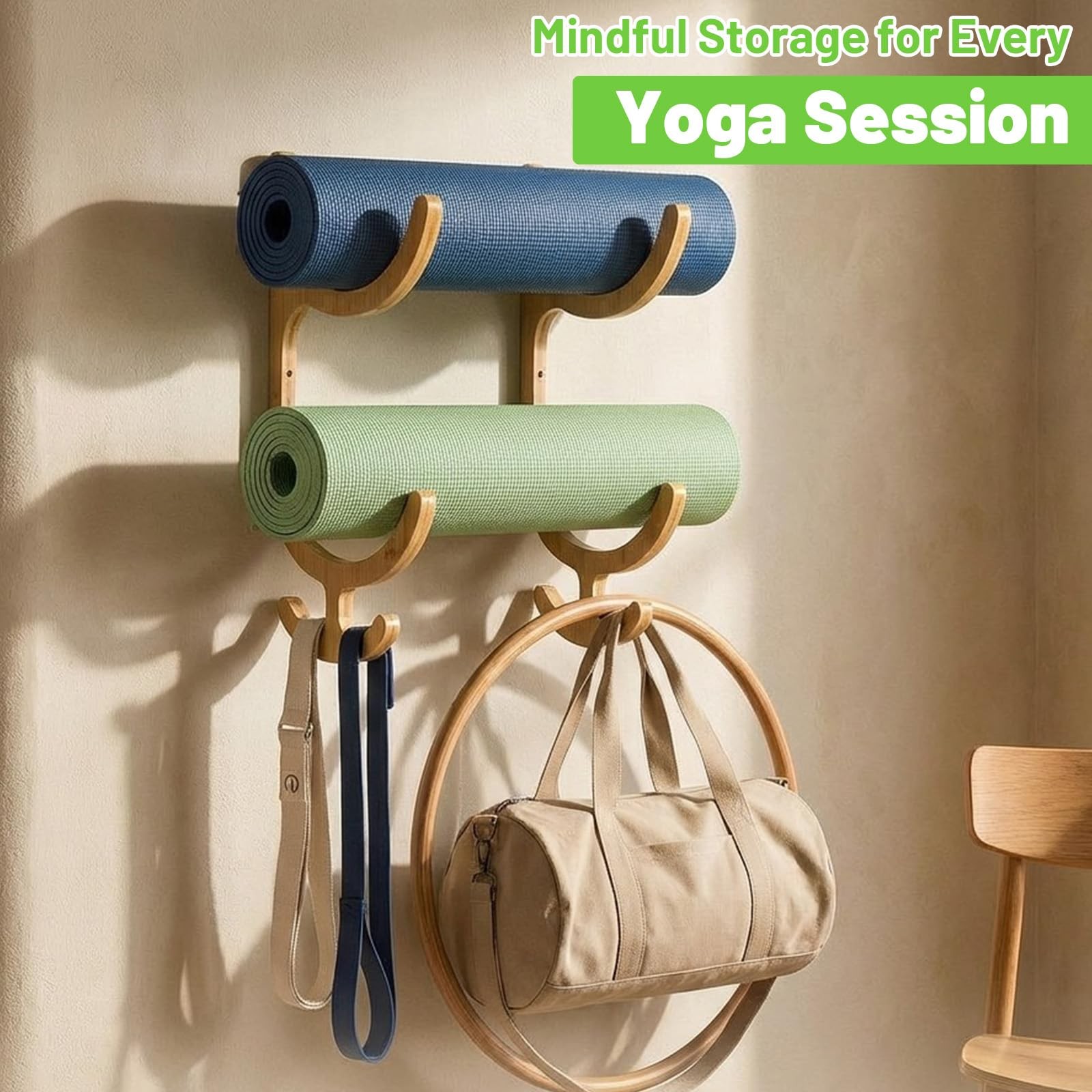 Wooden Yoga Mat Storage Rack Wall Mount, Yoga Mat Holder Hanging Hooks for Ho…