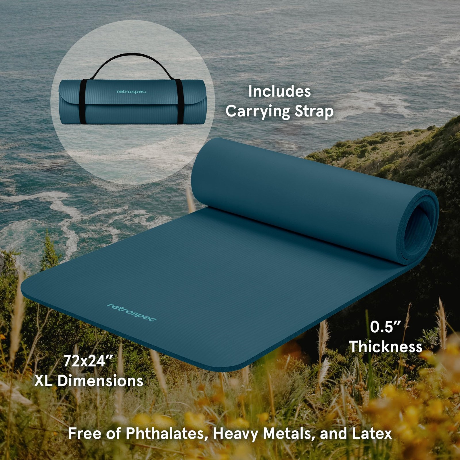 Retrospec Solana Yoga Mat 1/2″ Thick w/Nylon 1/2 inch, Ocean Blue
