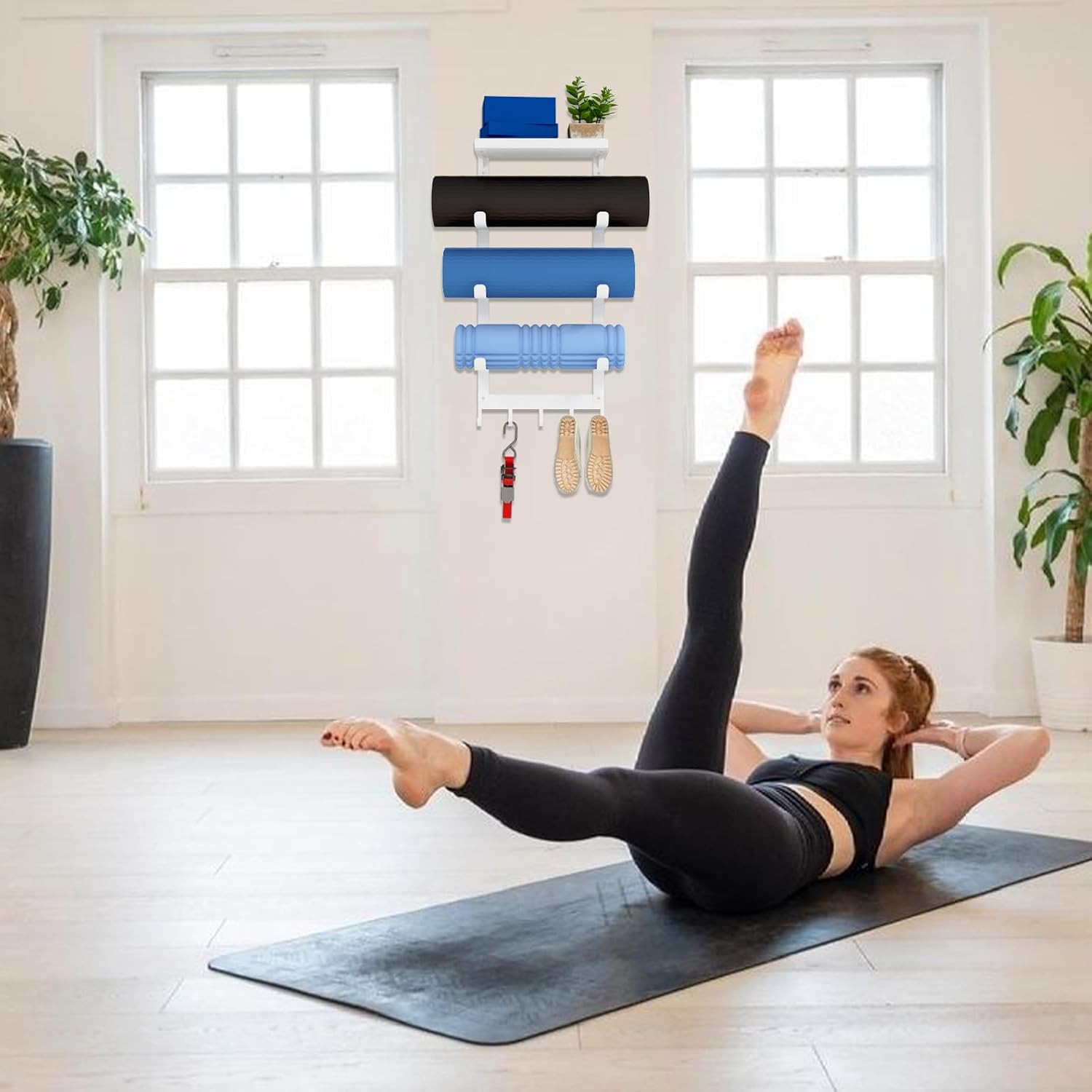 Yoga Mat Holder Wall Mount, White Yoga Mats Storage Rack, Home Gym Storage with