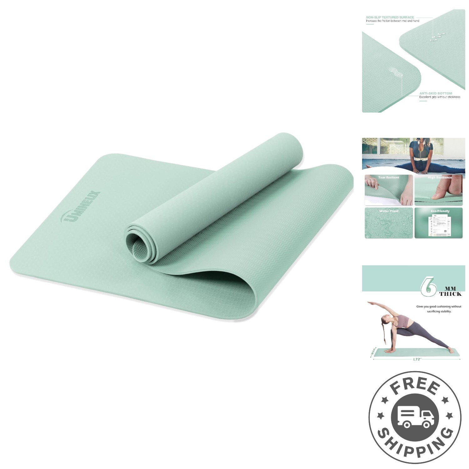 Yoga Mat Non Slip, Pilates Fitness Mats, Eco Friendly, Anti-Tear 1/4″ Thick Y…