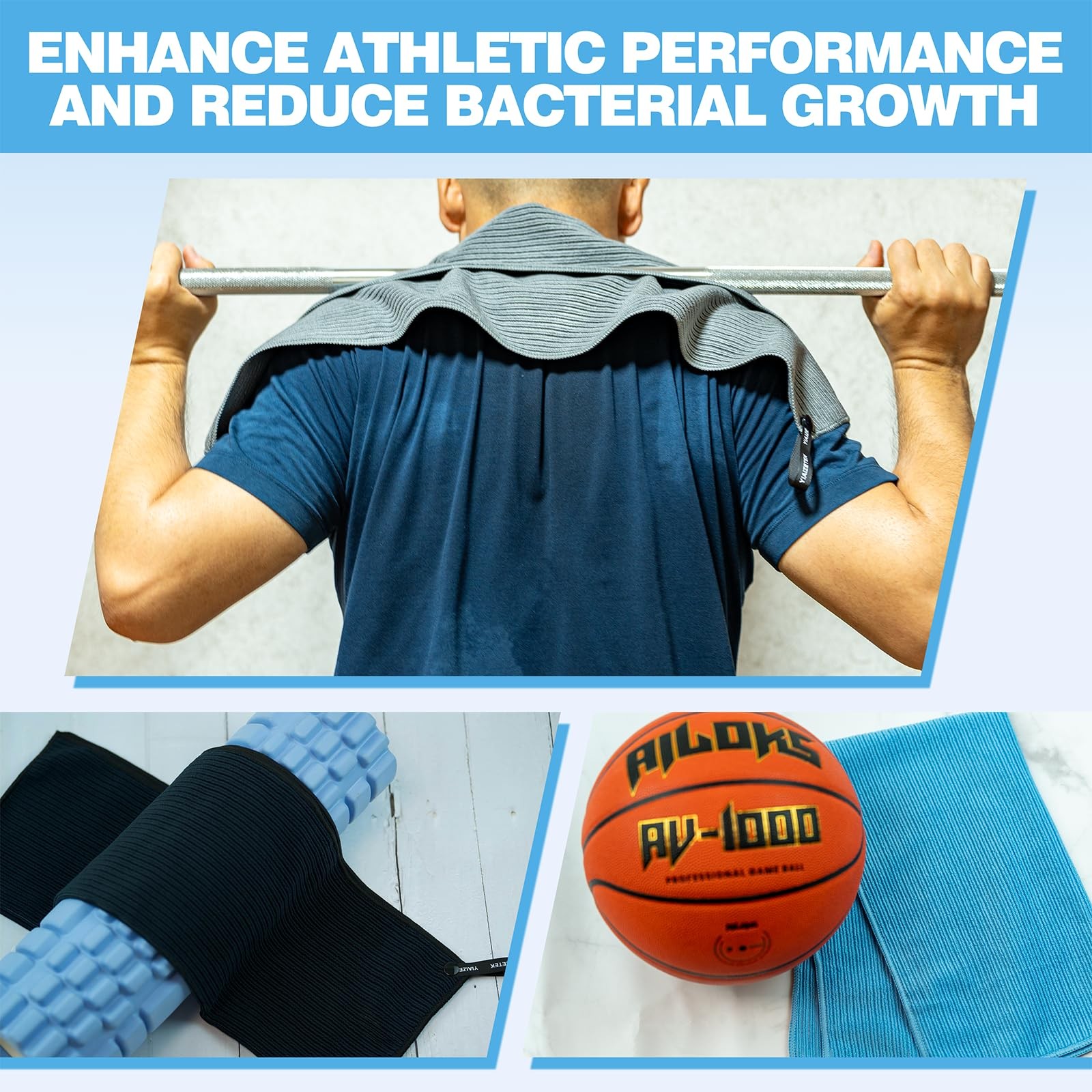 Microfiber Gym Towels with Snap Straps, Yoga Towel for 16″ x 28″, Grey/Blue