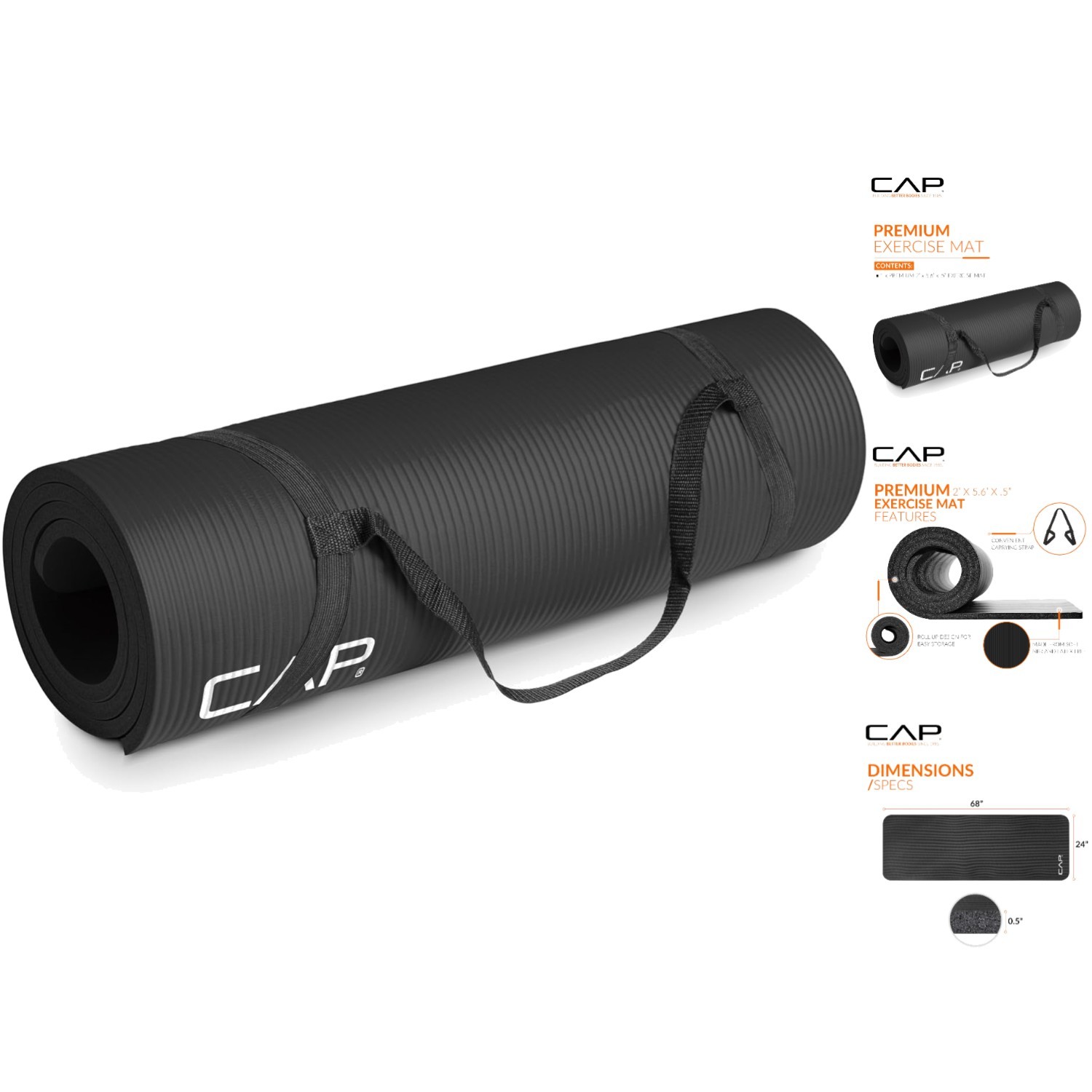 Extra Thick 1/2-Inch High Density Yoga Mat with Carrying Strap – 68×24 Inches