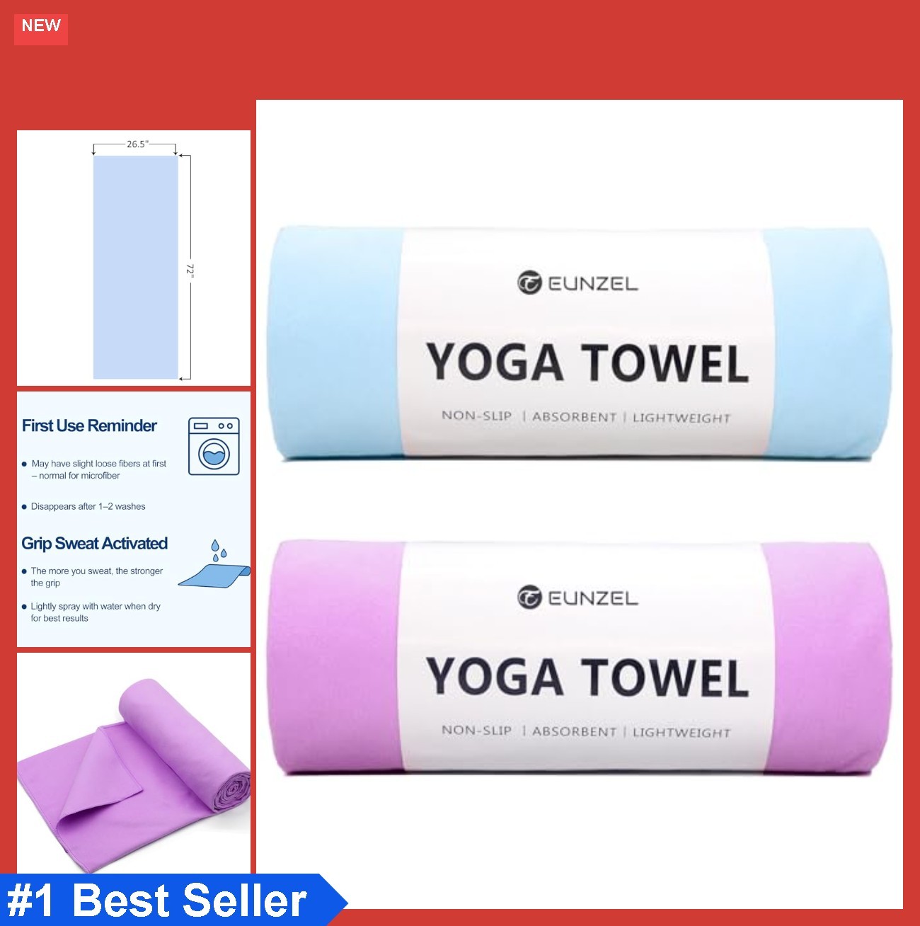 Non Slip Yoga Towel 2 Pack 72×26.5 Inch Microfiber Sweat Absorbent for Hot Yoga