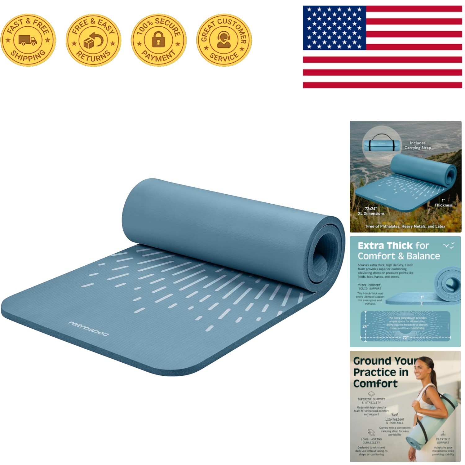 Solana 1” Thick Blue Mist Yoga Mat – Easy to Clean, Perfect for Everyday Use