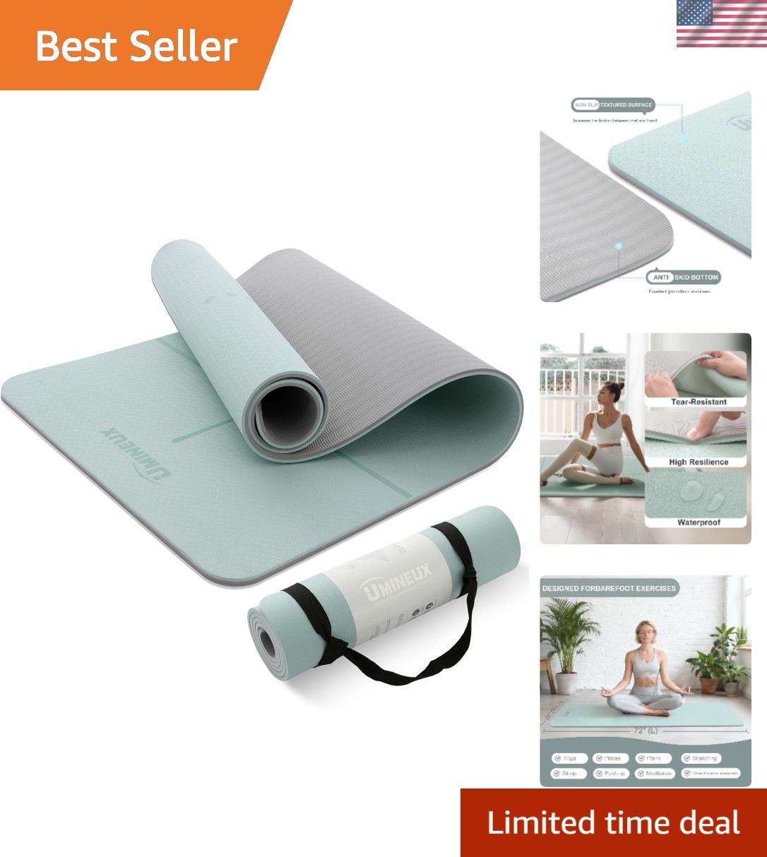 Comfortable Non-Slip Yoga Mat with Carry Sling, 10mm Thick for Ultimate Support