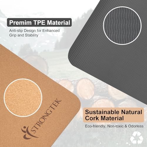 Eco-Friendly Cork Yoga Mat – 7mm Thick – 72″x24″, 2 lbs – Non-Slip – Cork + TPE