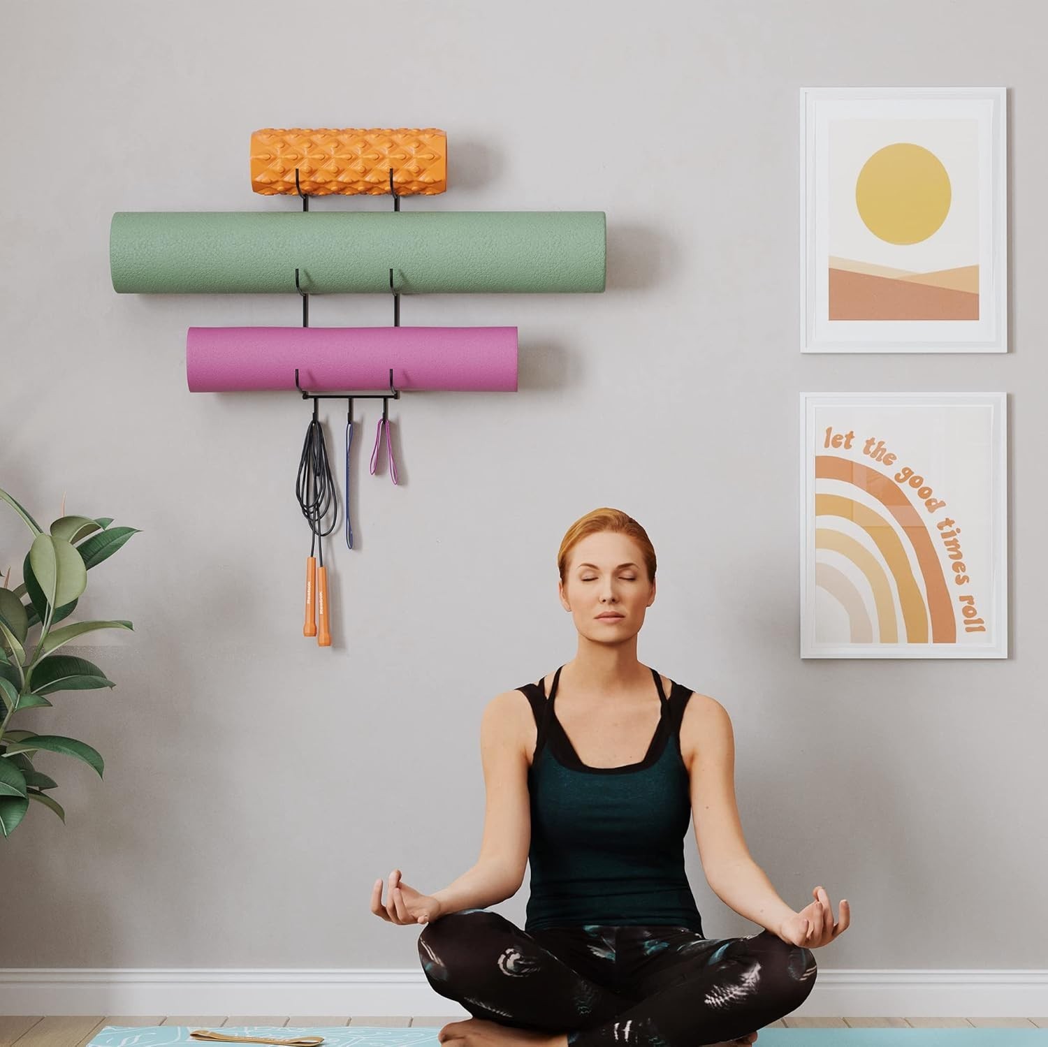 Guru Yoga Mat Holder Wall Mount with 3 Hooks for Hanging Yoga Strap, Resistan…