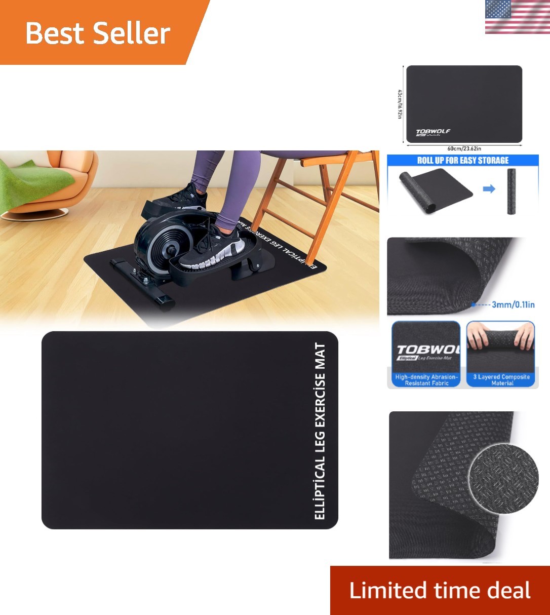 Elliptical Machine Non-Slip Mat – Protects Floors, Compact Size 23.6″ x 17″