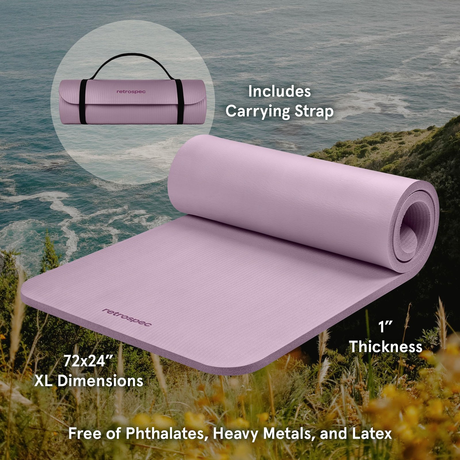 Retrospec Solana Yoga Mat 1″ Thick with Nylon Strap for 1 inch, Violet Haze