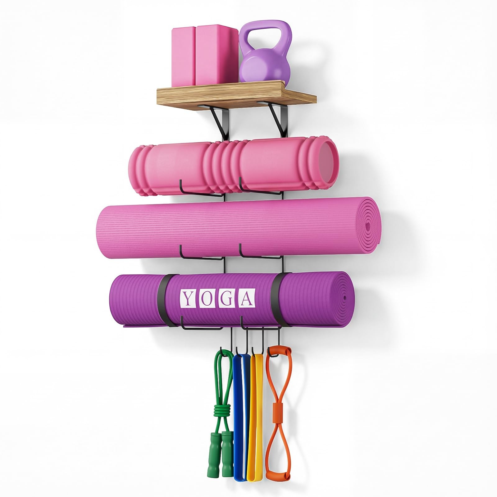 Yoga Mat Holder Wall Mount Yoga Mat Storage Home Gym Accessories with Wood Fl…