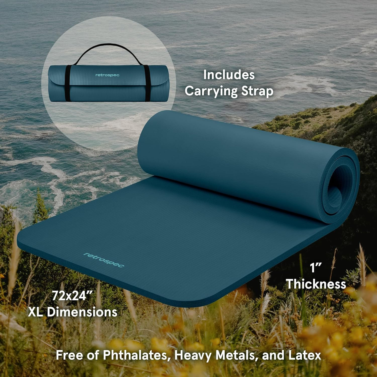 Solana Yoga Mat 1″ Thick W/Nylon Strap for Men & Women – Non Slip Exercise Mat f