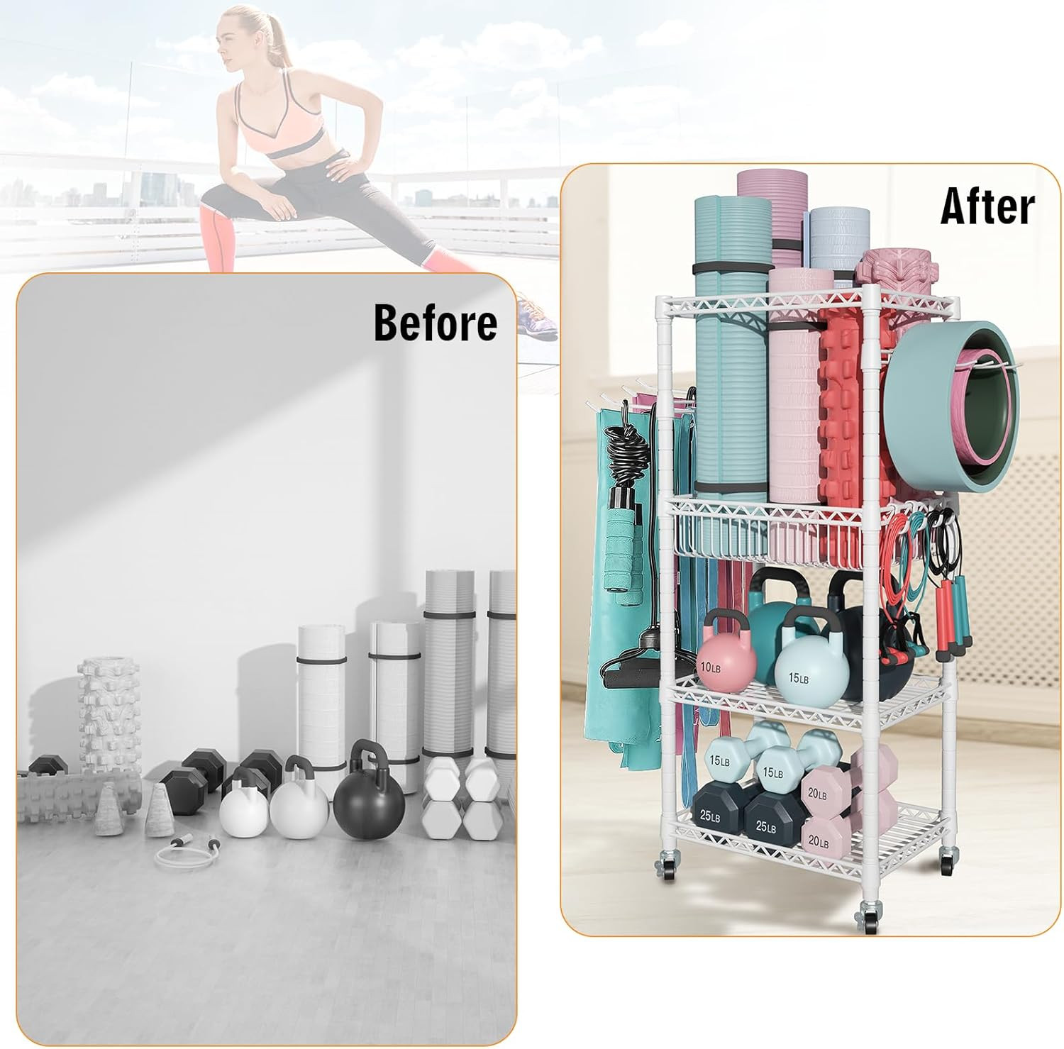 S1 Home Gym Storage, 3-Tier Workout Equipment Organizer with Wheels for Yoga Mat