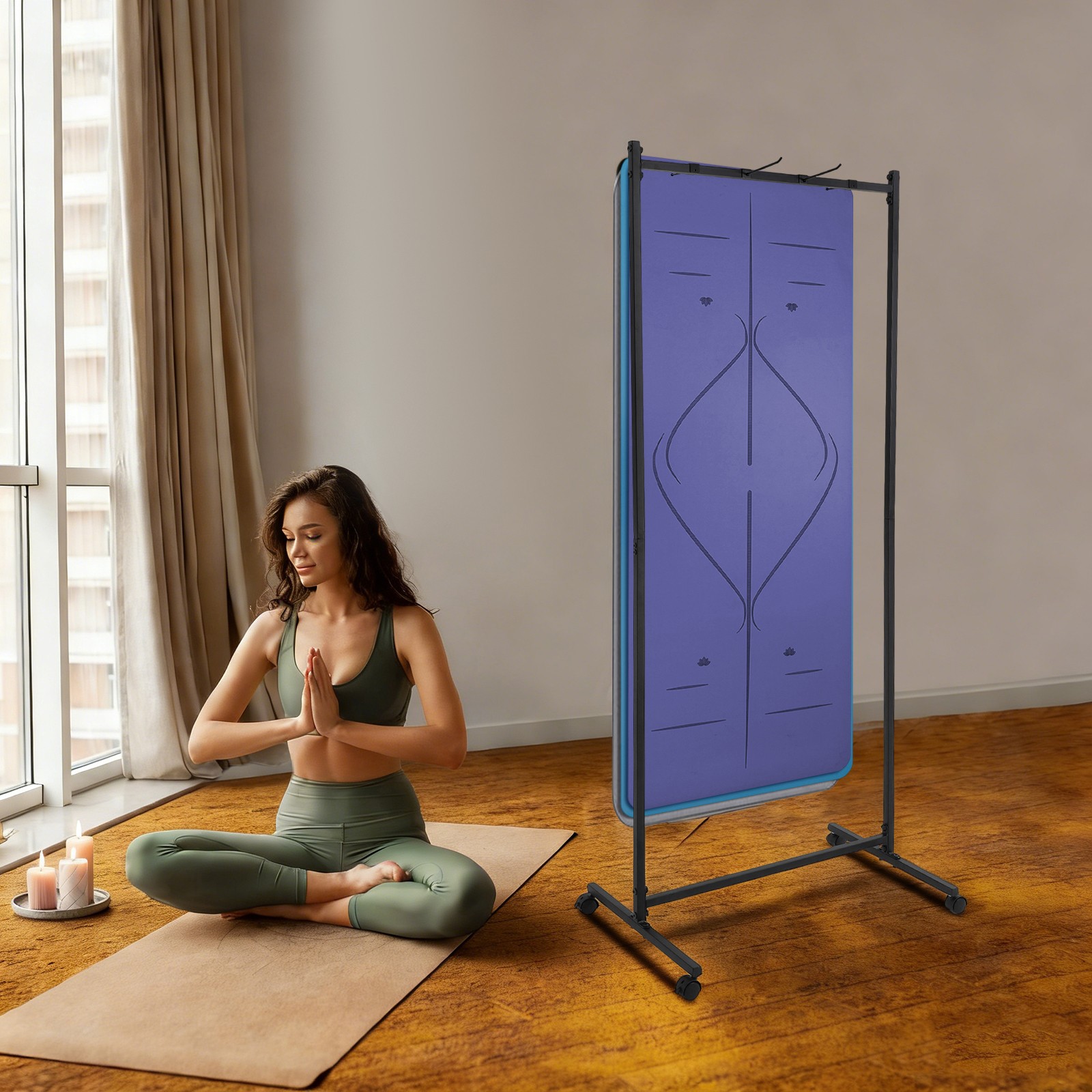 185cm Yoga Mat Holder Hanging,Iron Yoga Mats Storage Rack w/ Double Sided Hooks