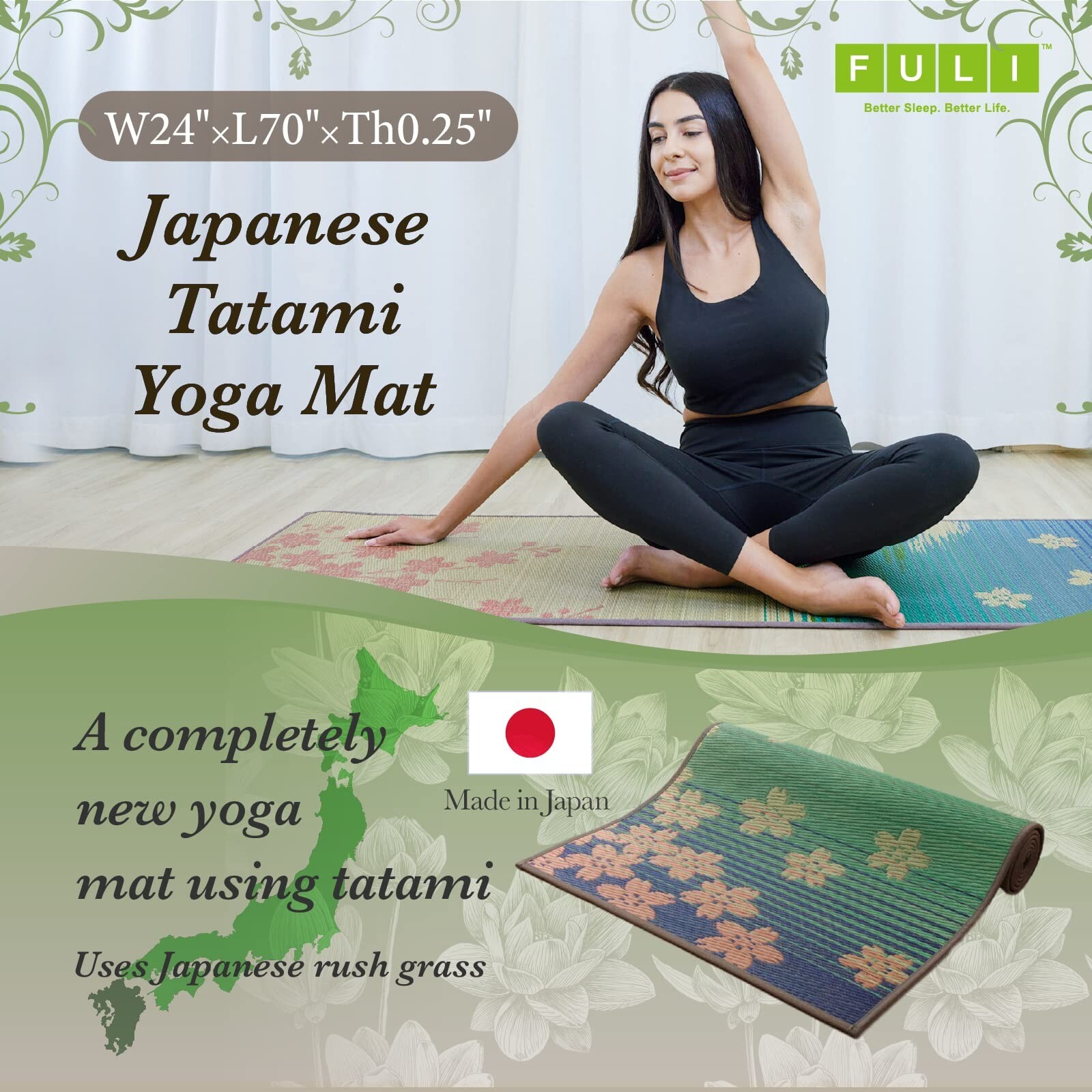 FULI Japanese Tatami Yoga Mat, Igusa Mat, Non Slip Exercise & Fitness Mats, P…