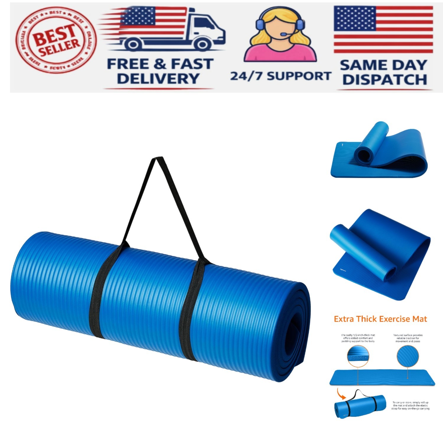 Extra Thick Non-Slip 1/2-Inch Yoga Mat with Easy Carrying Strap – 74″ x 24″