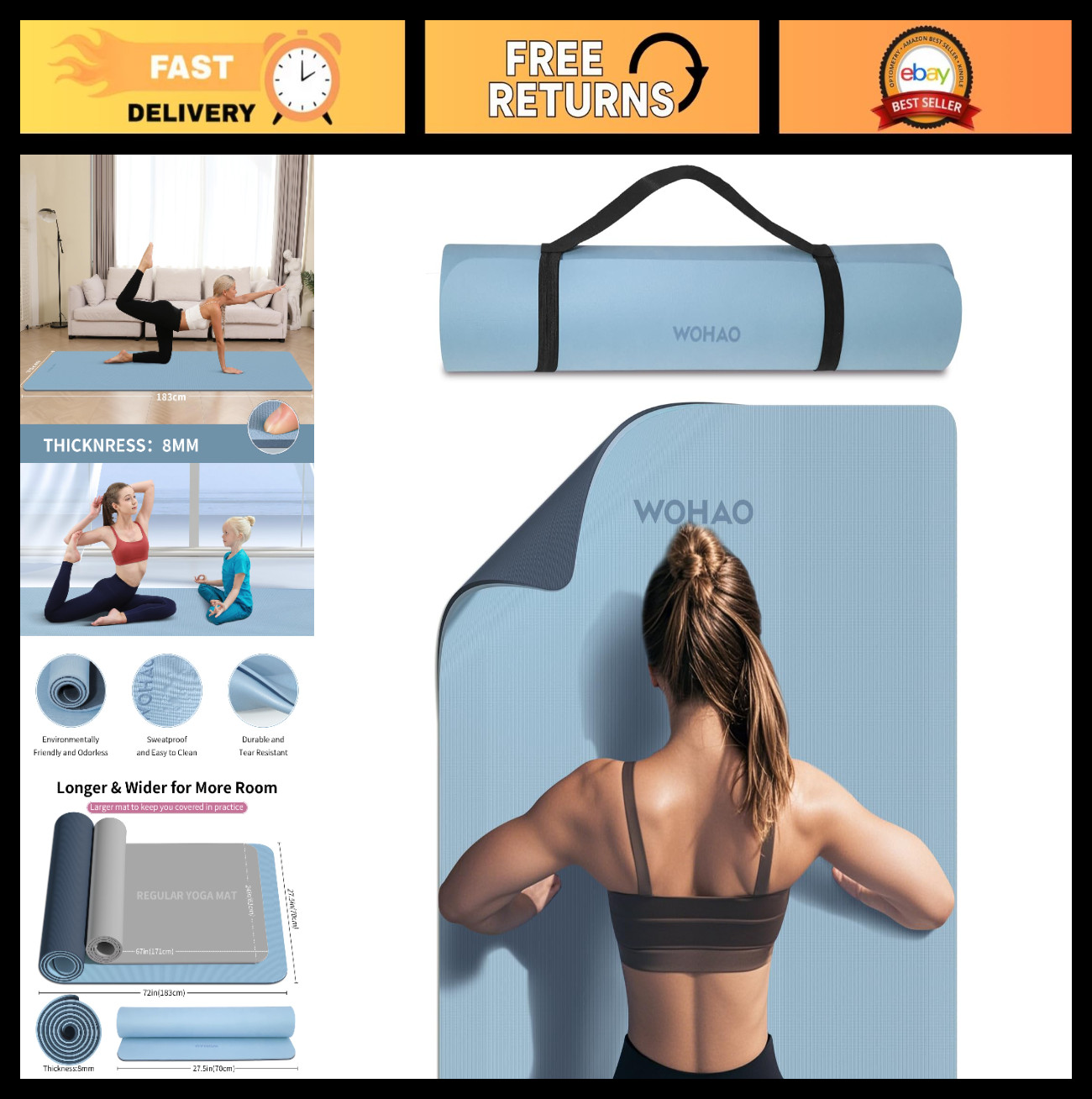 Extra Thick 8mm Non-Slip Yoga Mat 72″x28″ Reversible Dual Color with Carry Strap