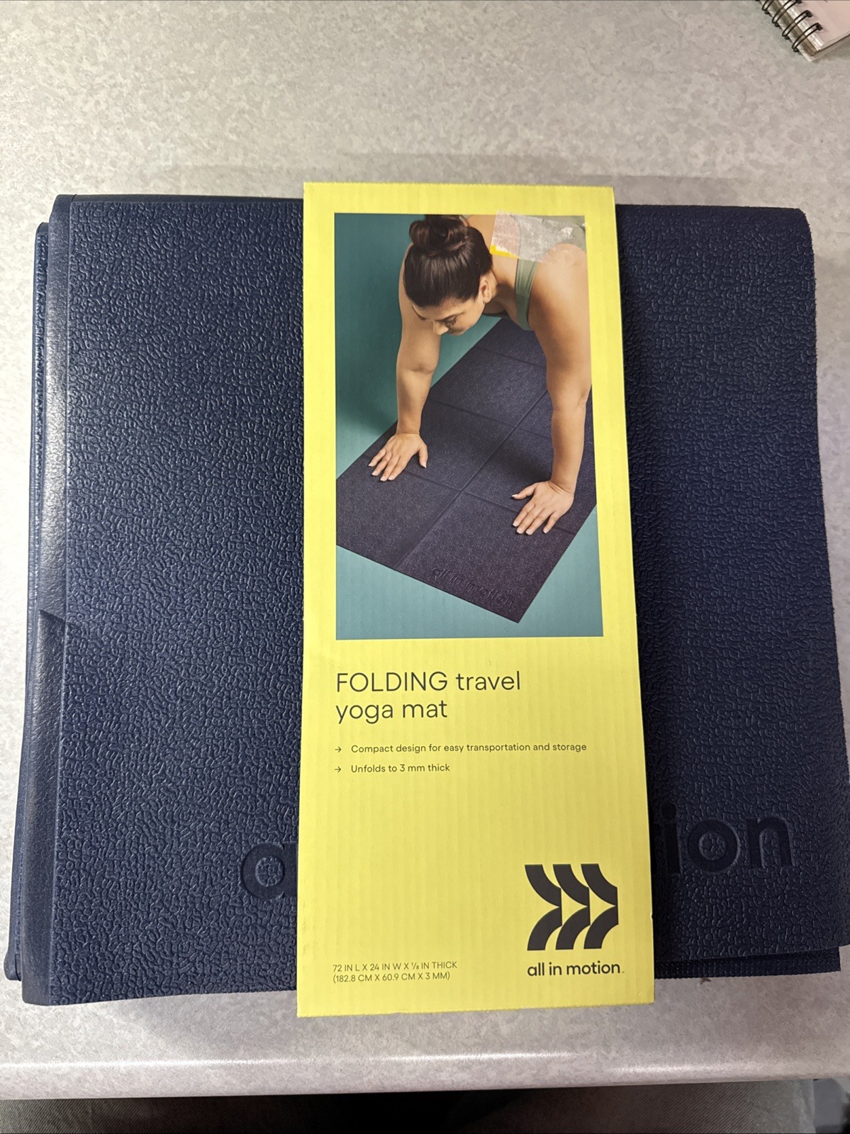 All In Motion Folding Travel Yoga Mat Navy Blue 3mm Rubber 72in x 24in New