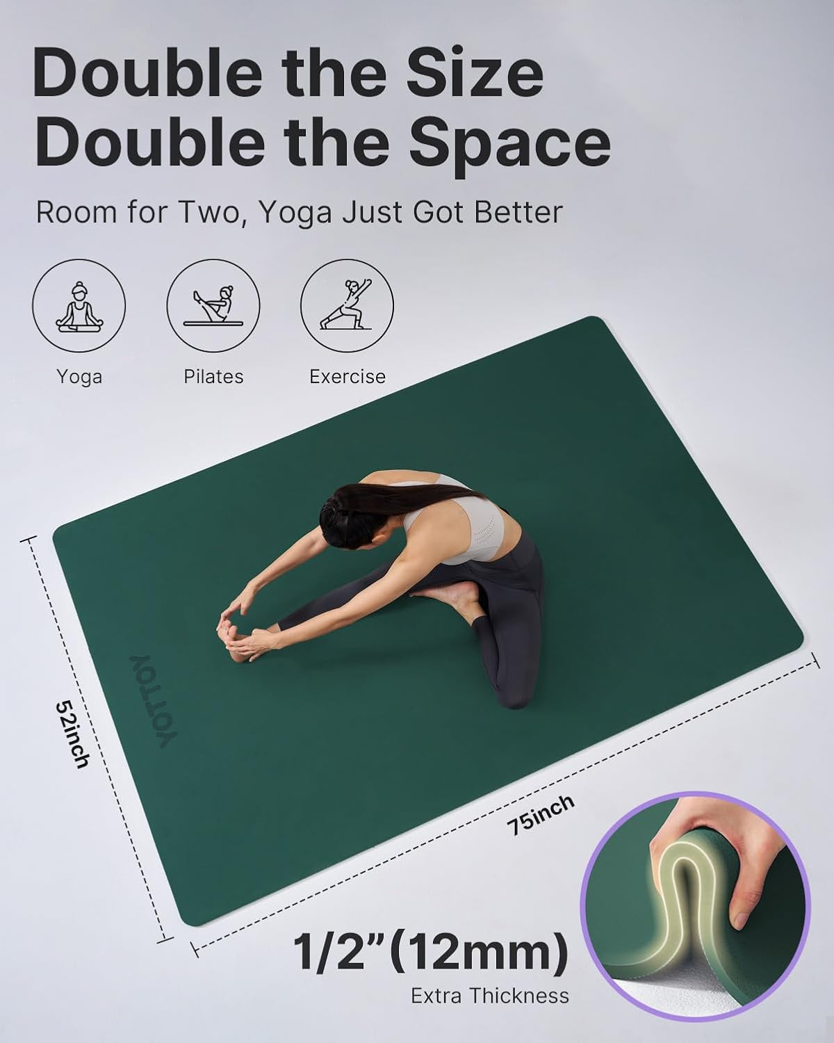 Large Yoga Mat (75 * 52 * 1/2Inch),Extra Wide TPE Exercise Mat,Non-Slip Workout