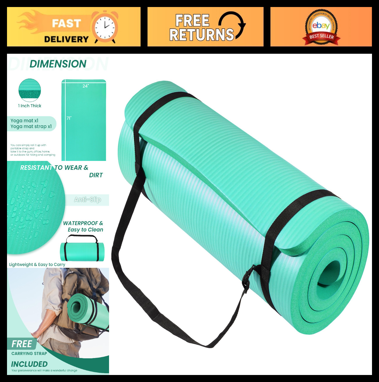 Extra Thick High-Density Foam Yoga Mat – Non-Slip, Double-Sided, Carrying Strap,