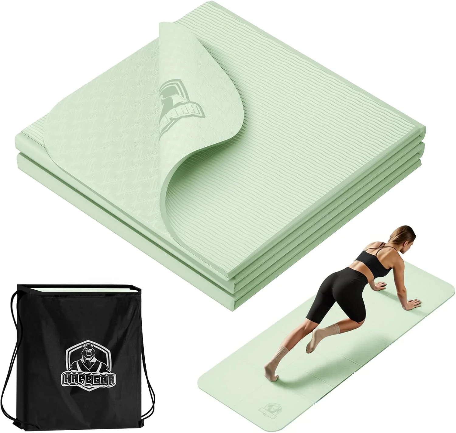 HAPBEAR Foldable Yoga Mat – 72″x24″x0.24″ (6mm), Non-Slip TPE Exercise Mat for H