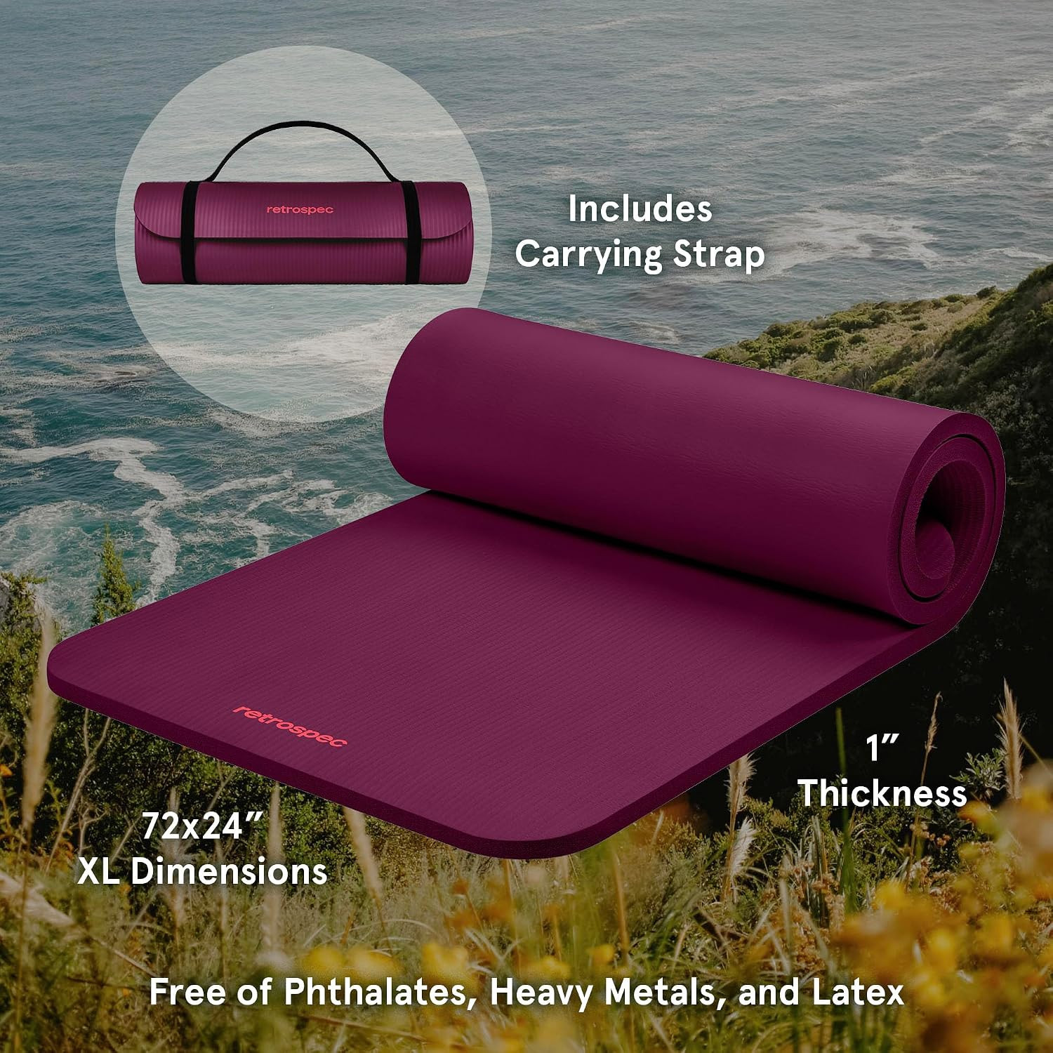Retrospec Solana Yoga Mat 1″ Thick W/Nylon Strap for Men & Women – Non Slip Exer