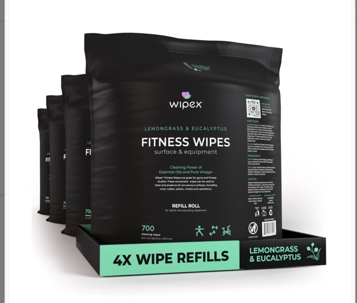 Wipex Gym & Fitness Wipes. 4 Refill Packs 700 Wipes Per Roll Lemongrass Eucalypt