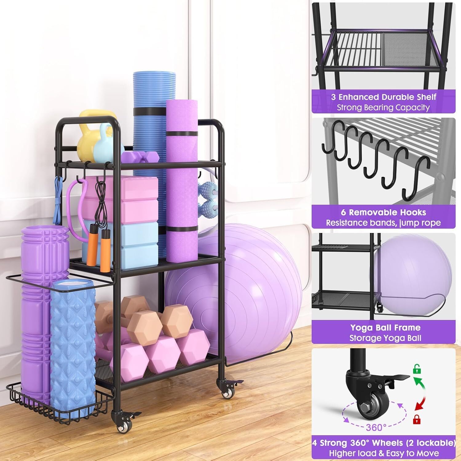 Home Gym Storage Rack Exercise Equipment Storage Organizer for Yoga Mat Dumbbell