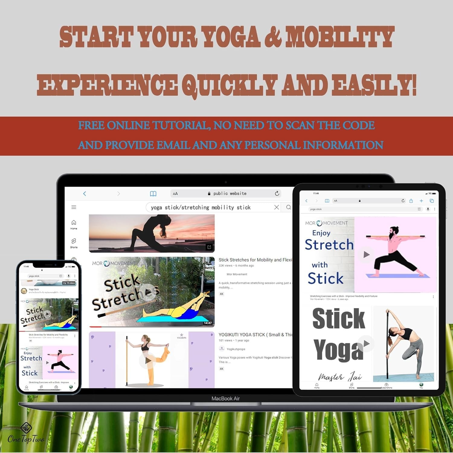 Yoga Stick 5ft Bamboo Non Slip Handle Flexibility Mobility Stretching