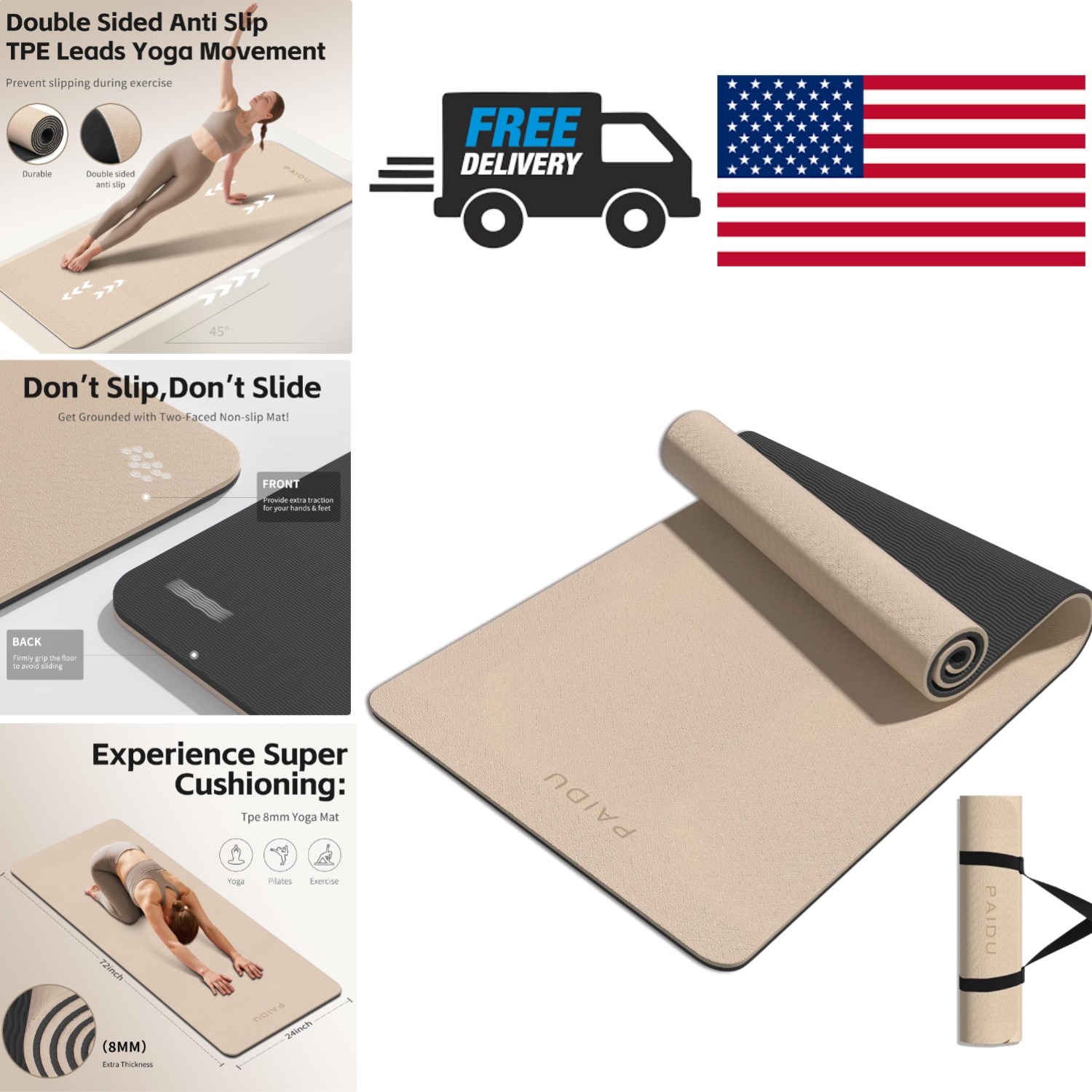 Unisex Yoga Mat 8mm TPE Eco Friendly Non Slip with Carrying Strap Beige Black
