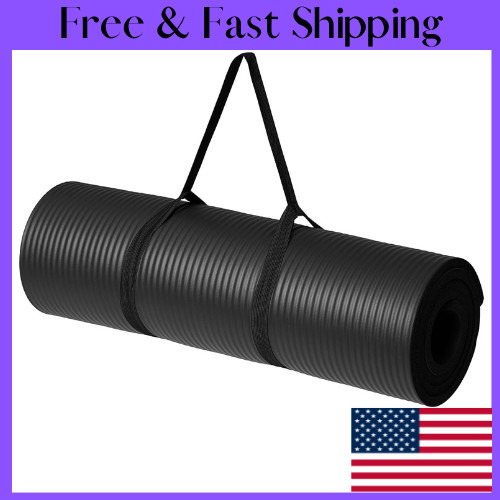 Yoga Black Mat Basics 1/2 Inch Extra Thick Exercise Yoga Mat with Carrying Strap
