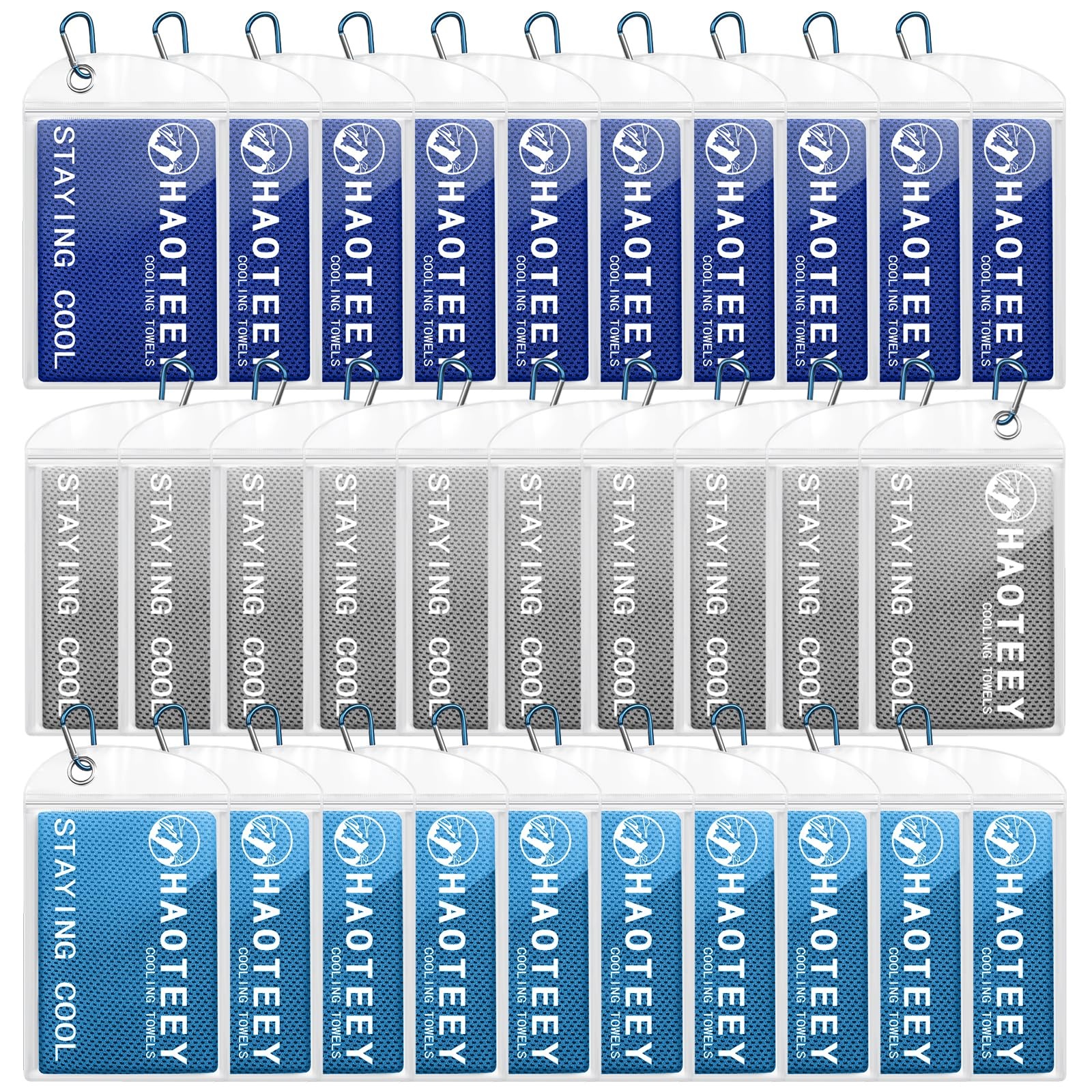Haoteey Cooling Towels Pack of 30, 40″*12″, 10grey/10darkblue/Lightblue