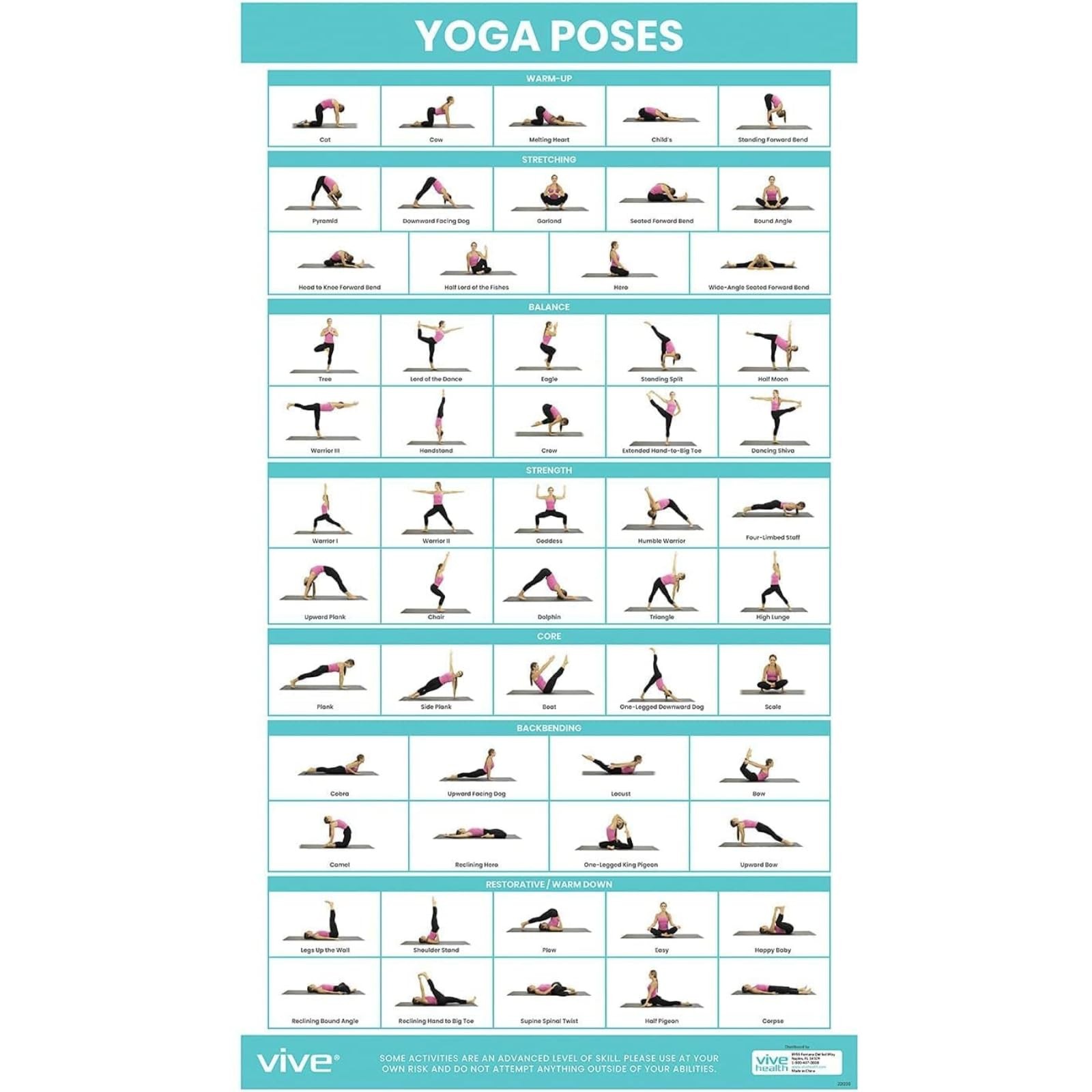 Vive Yoga Poster Poses for Beginners and Experts Mat Exercise Home Gym Workout
