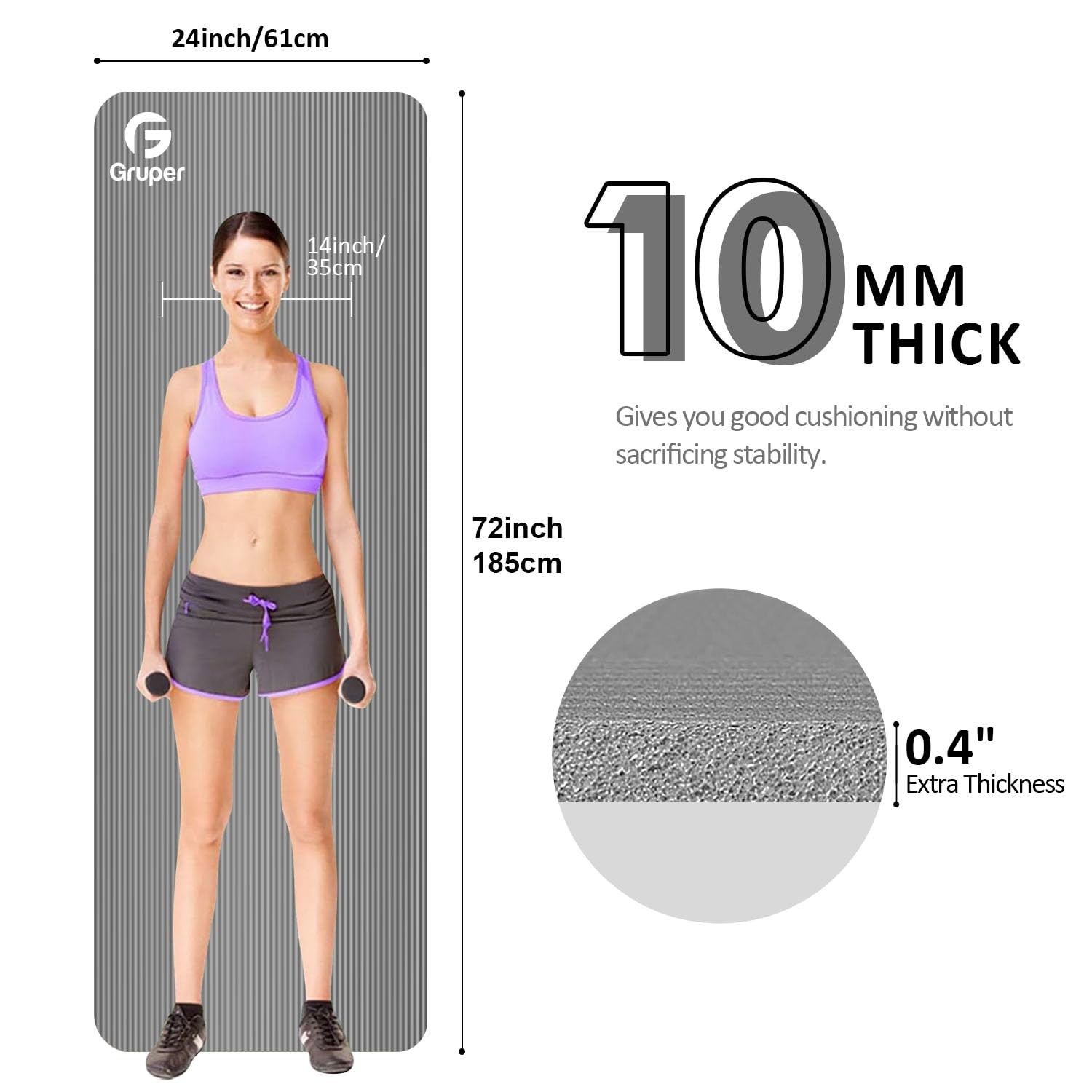 Gruper Thick Yoga Mat Non Slip, Large Size 72″ L x 72 x 24 x 0.4 inches, Grey