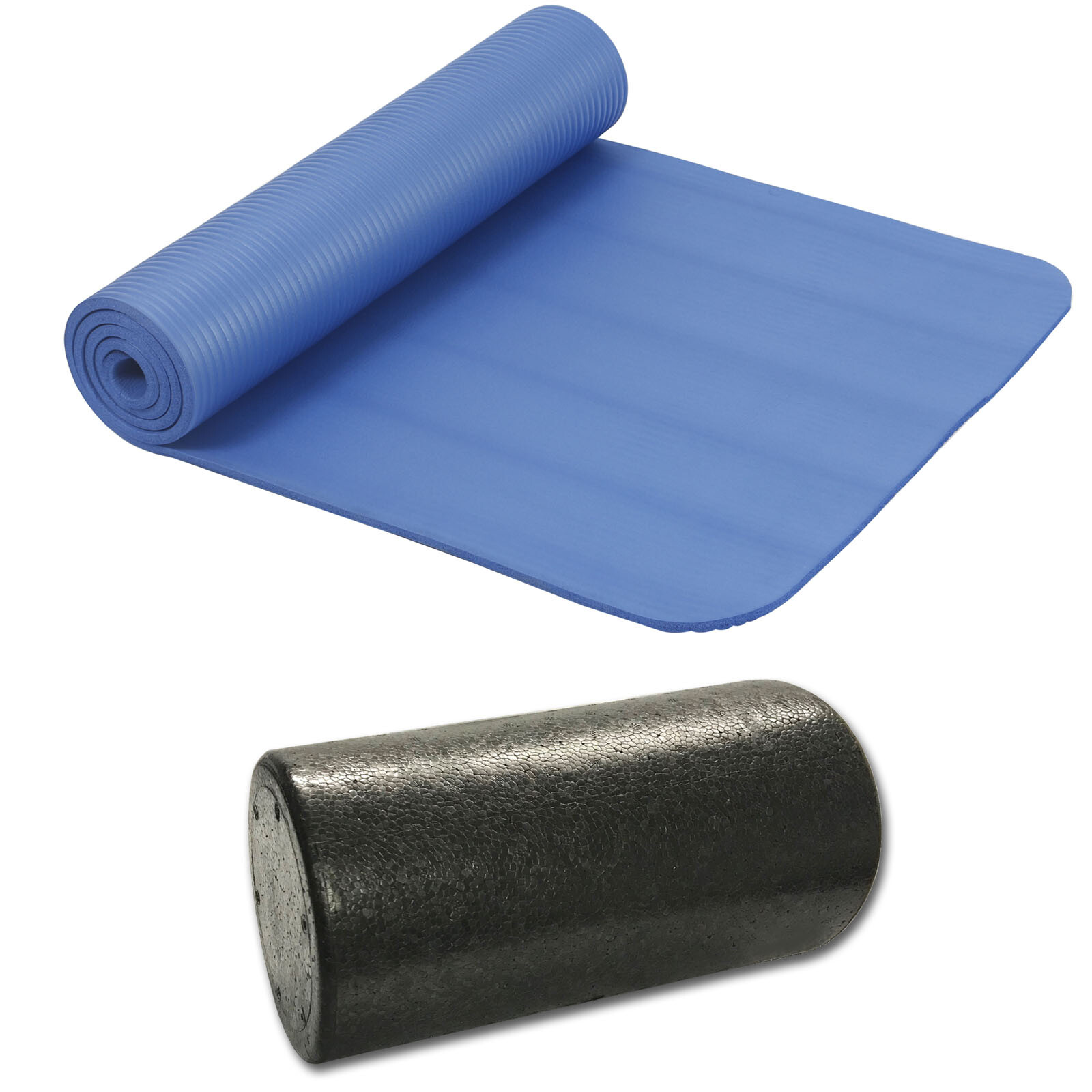 Set gymnastics mat yoga mat 190x60x1 cm blue & yoga roll fascia roll Black