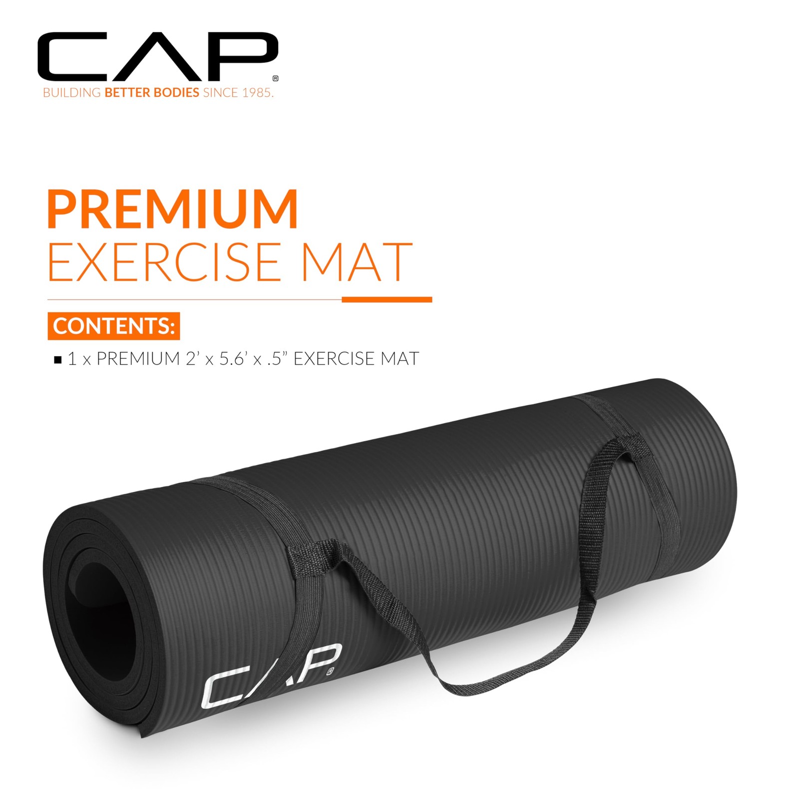 CAP Barbell High Density Exercise Mat with strap, 68″x24″ 12mm 68″x24″, Black