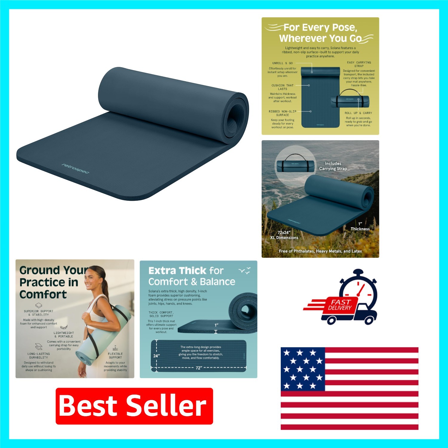 Portable Solana Yoga Mat 72″ x 24″ – Extra Thick & Non-Slip for All Workouts