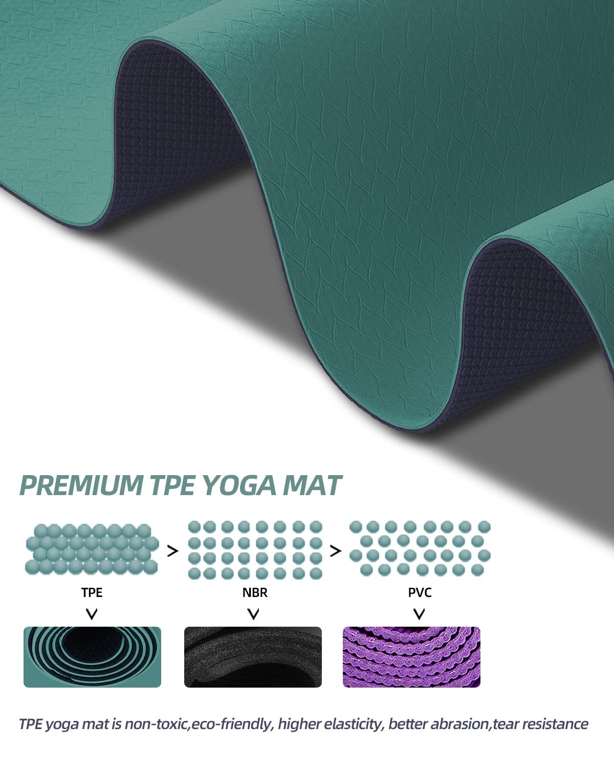COOLMOON Yoga Mat Non Slip, Anti-Tear 1/4 Thick TPE Mats for HE-GREEN
