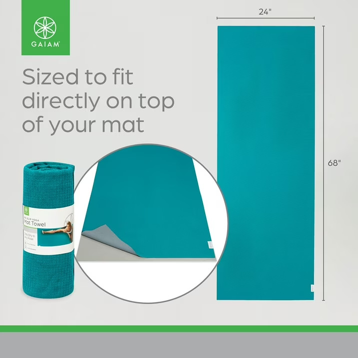 Gaiam No-Slip Yoga/Pilates Mat Towel, Teal and Grey