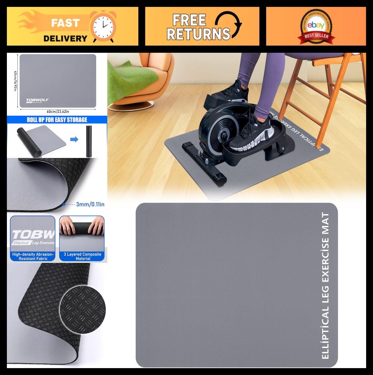 Non-Slip Exercise Mat for Ellipticals & Under Desk Machines – Floor Protection