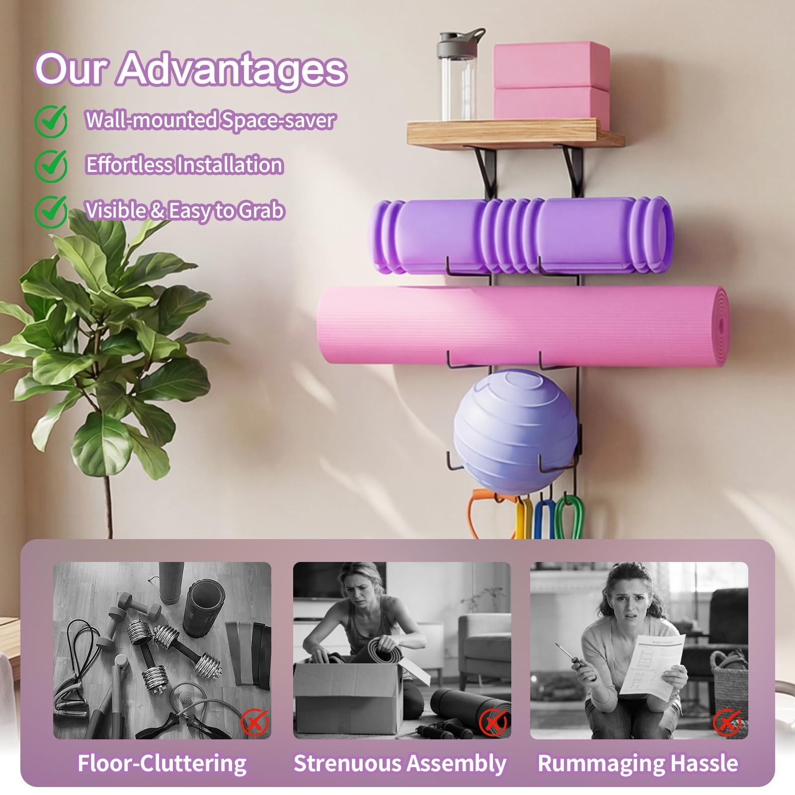 Bikoney Yoga Mat Holder Wall Mount Yoga Mat Storage Home Gym Accessories with…