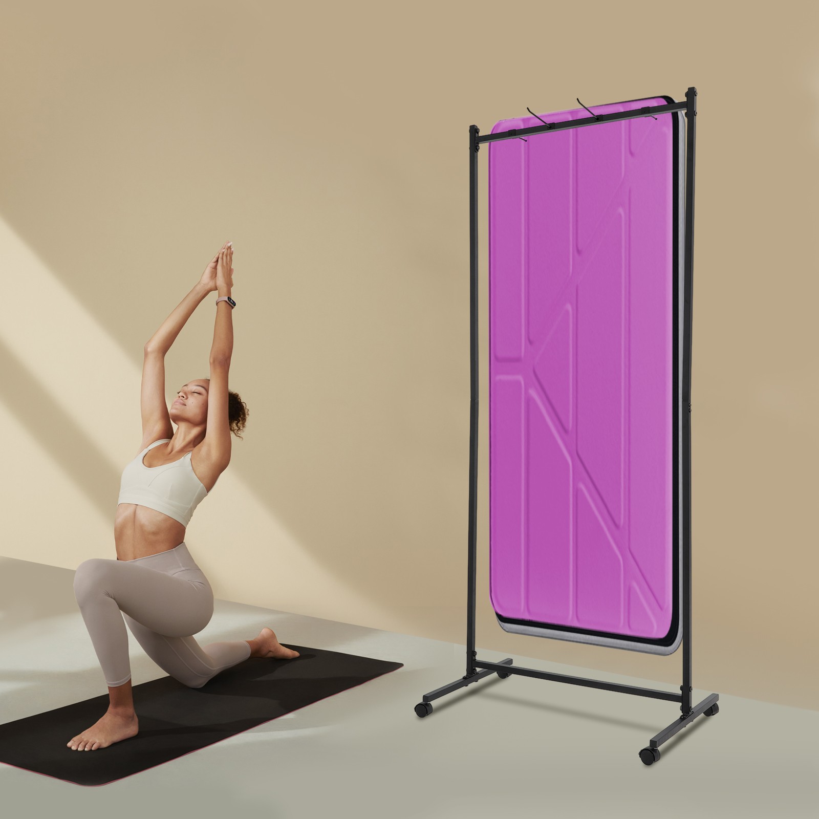 185cm Yoga Mat Holder Hanging,Iron Yoga Mats Storage Rack w/ Double Sided Hooks