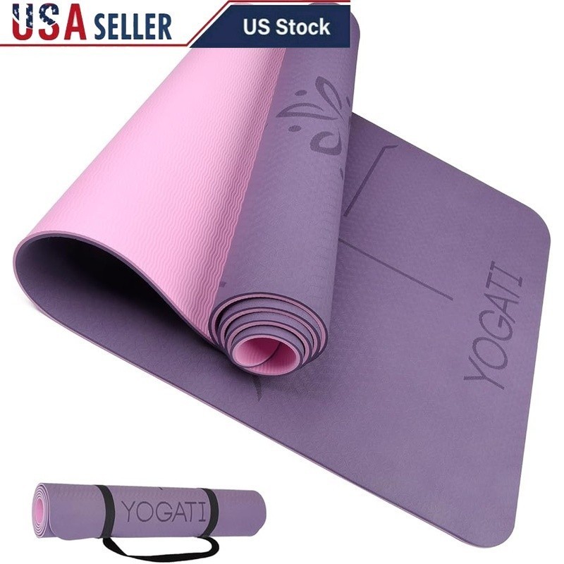 Non-Slip Yoga Mat W/ Alignment Lines TPE Dual Surface Fitness Pilates Training