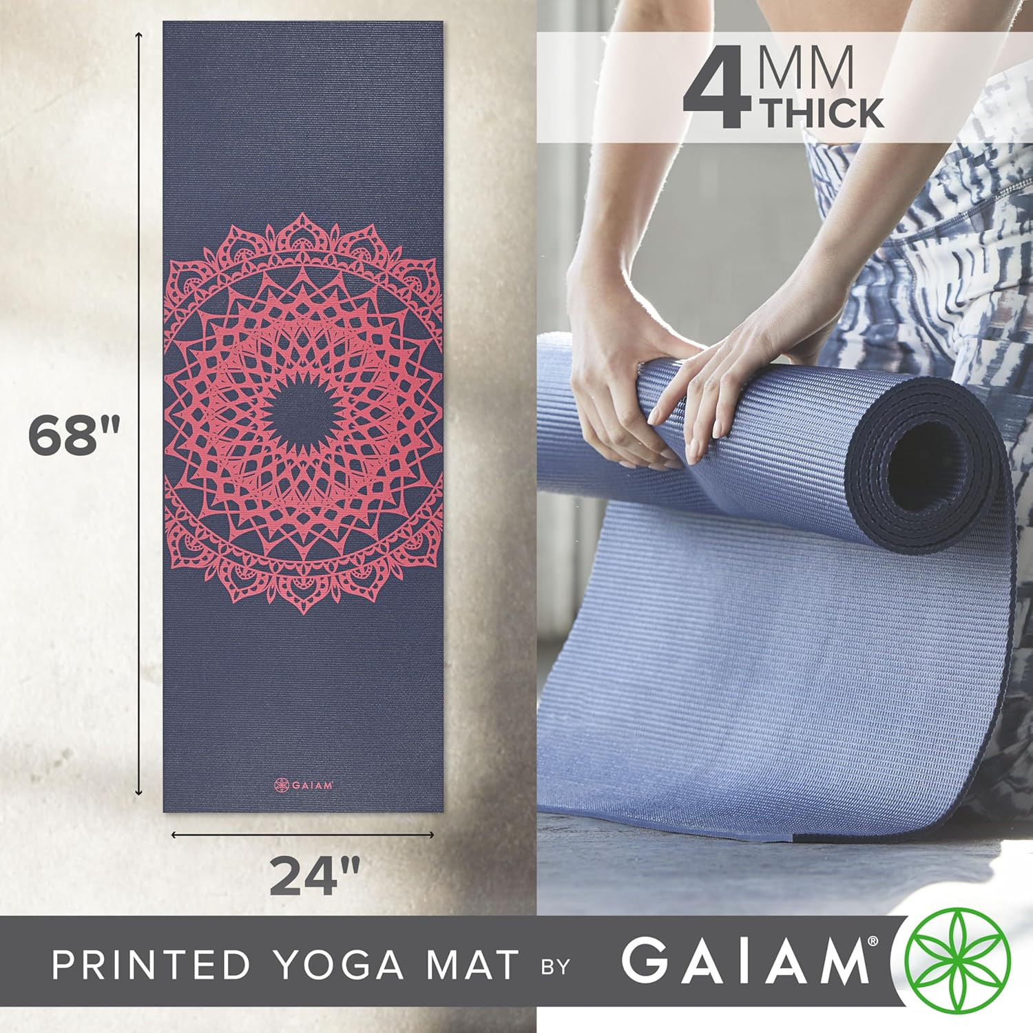 Gaiam Print Yoga Mat, Non Slip Exercise & Fitness Mat for All Types of Yoga, Pil