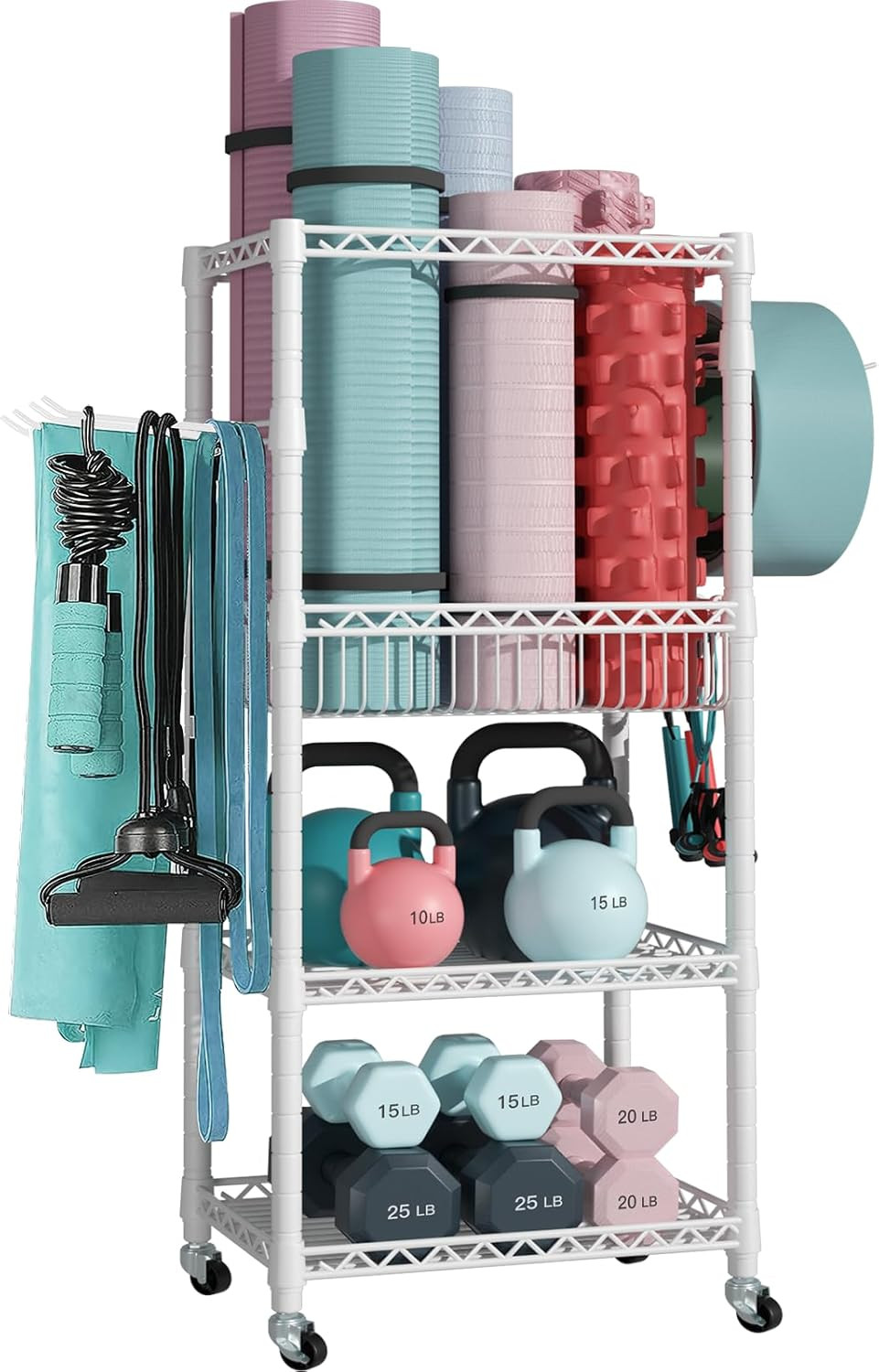 S1 Home Gym Storage, 3-Tier Workout Equipment Organizer with Wheels for Yoga Mat