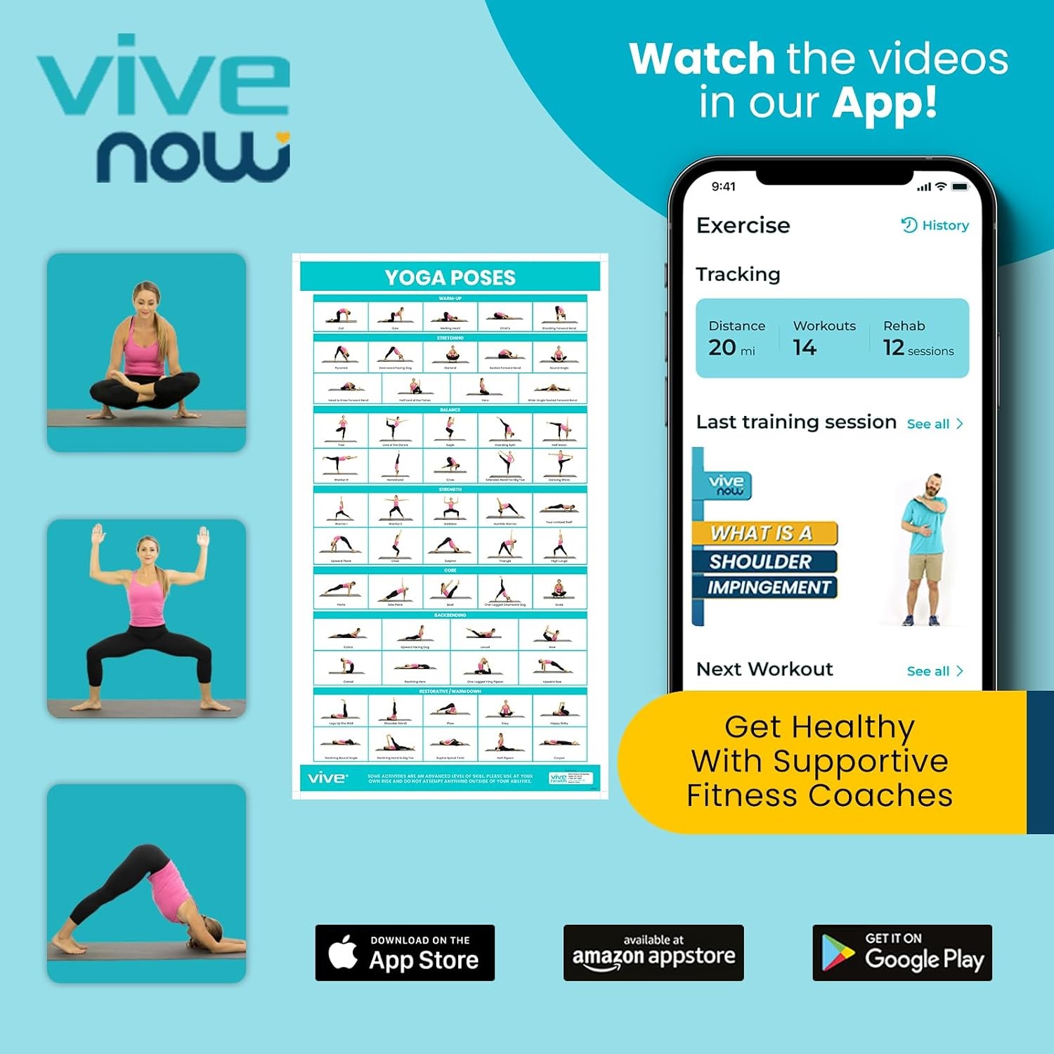 Vive Yoga Poster Poses for Beginners and Experts Mat Exercise Home Gym Workout