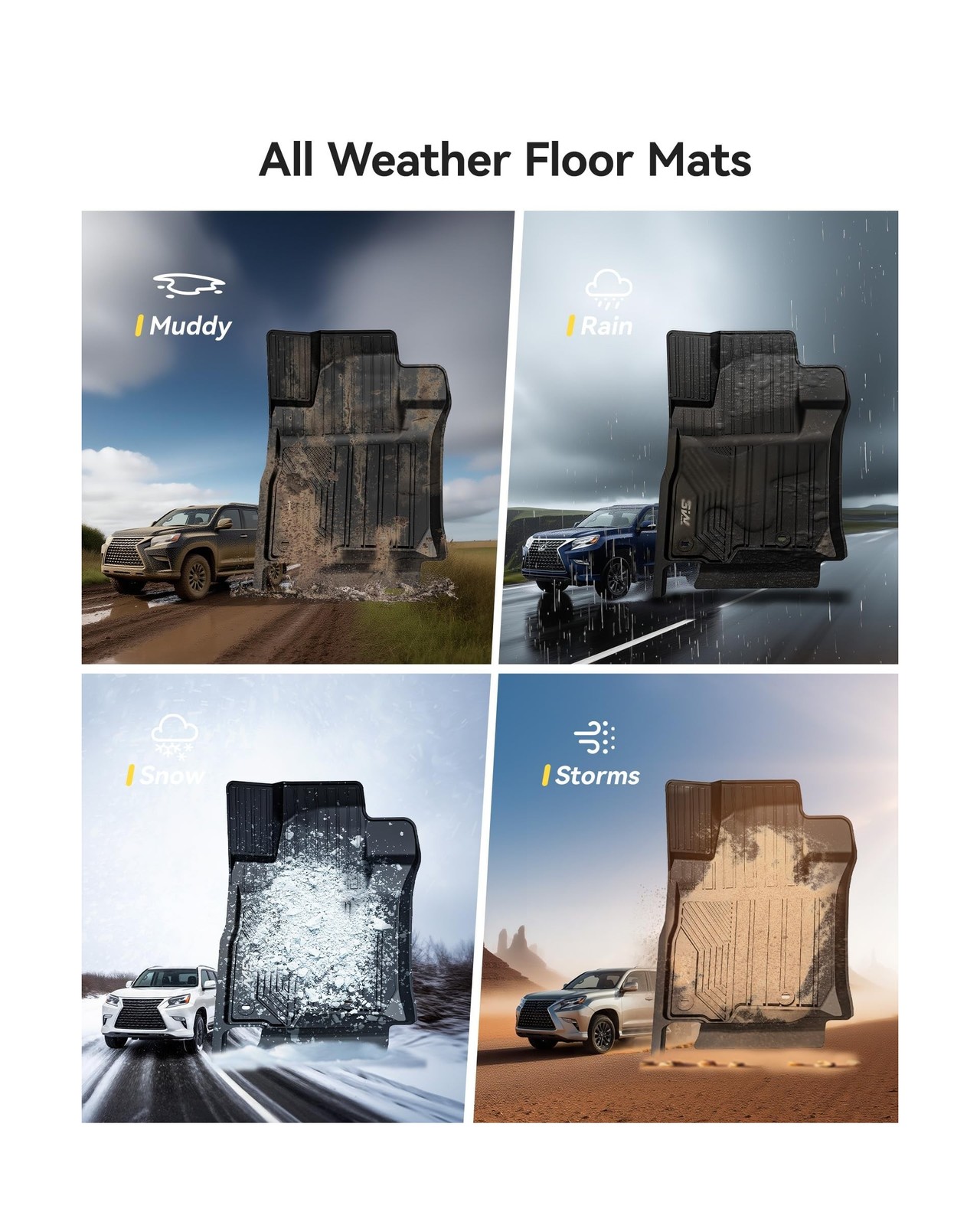 3W Floor Mats for Lexus GX460 2014-2023 (only for 7 seat), TPE All Weather Cu…
