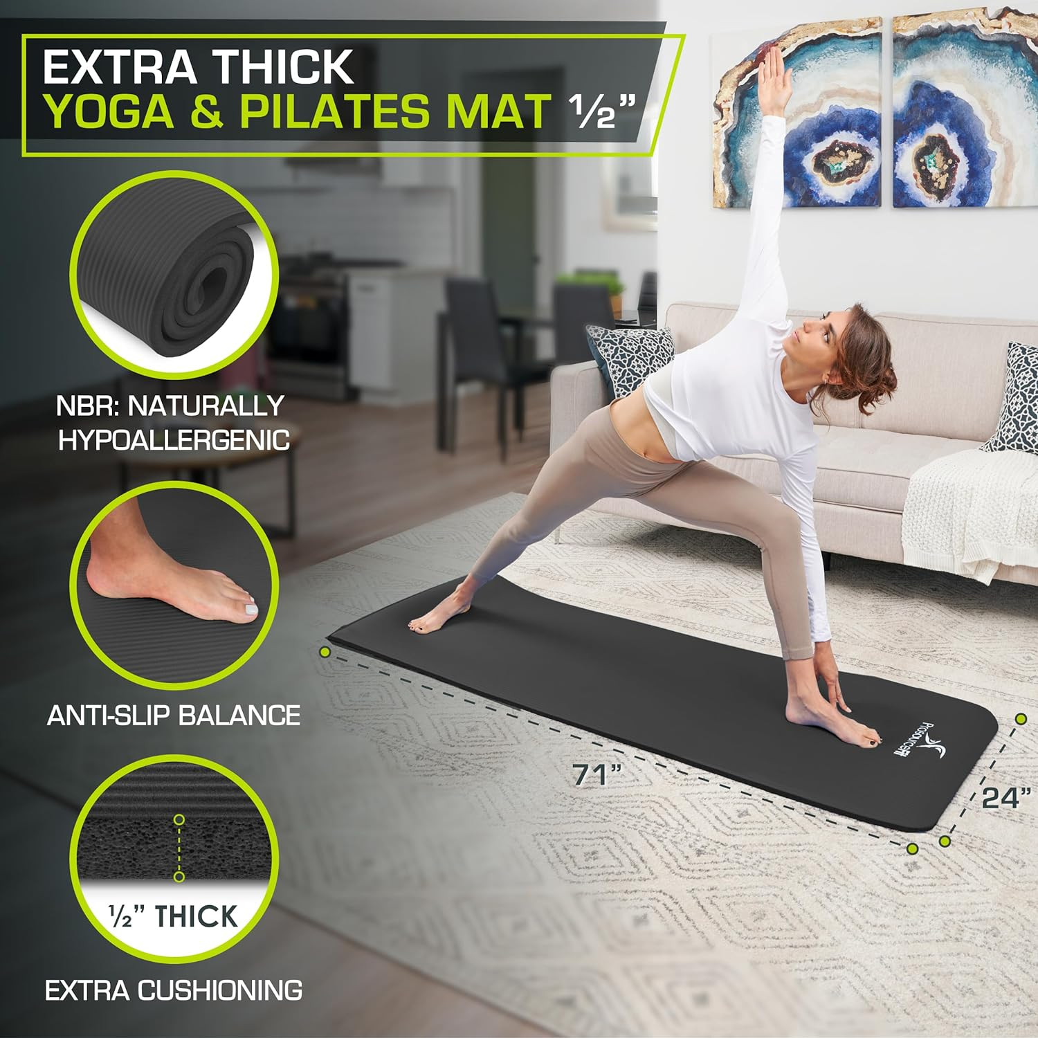Extra Thick Yoga and Pilates Mat 1/2” (13Mm) or 1″ (25Mm), 71-Inch Long High Den