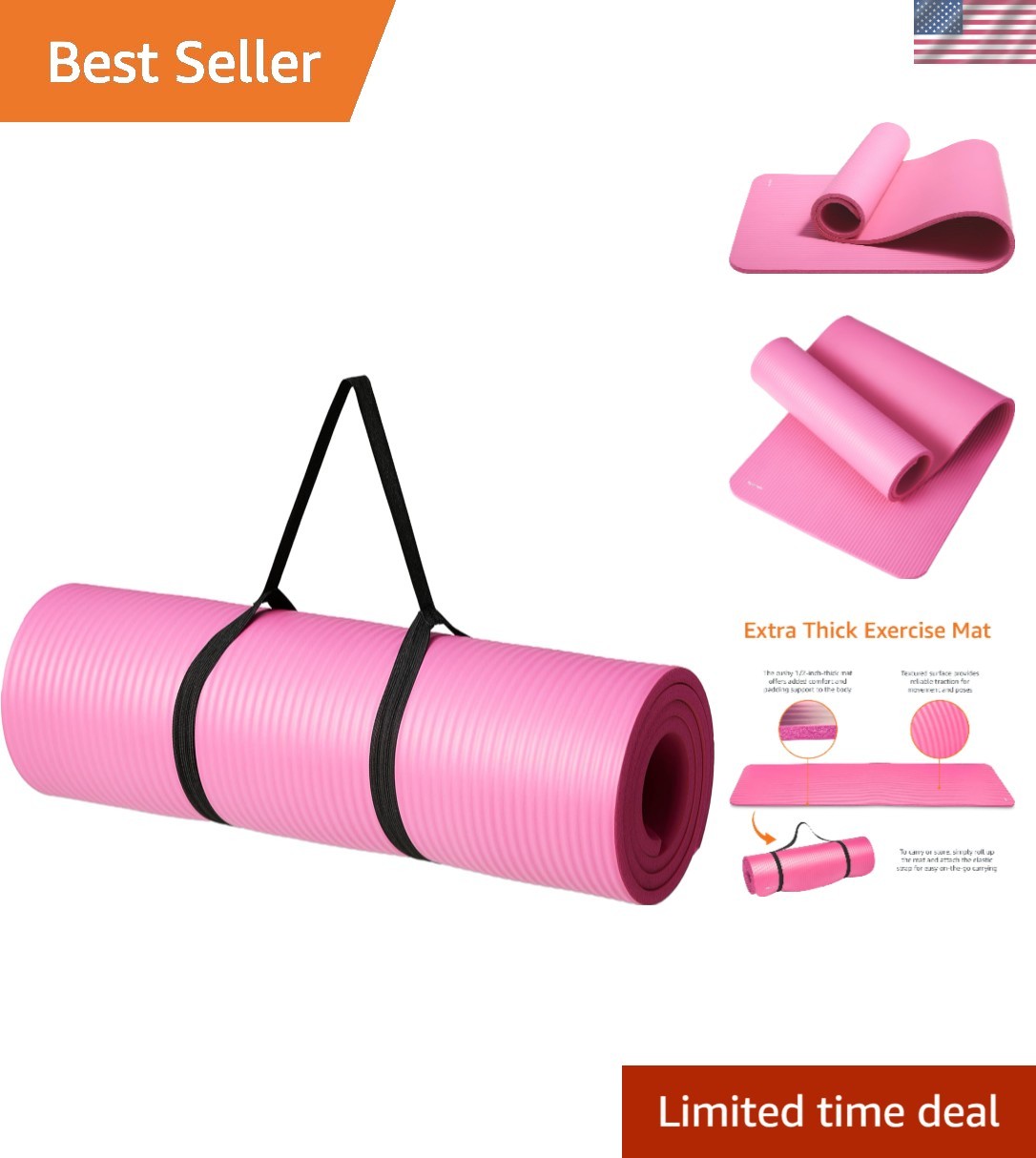 Extra Thick 1/2 Inch Pink Yoga Mat with Carrying Strap for Ultimate Comfort