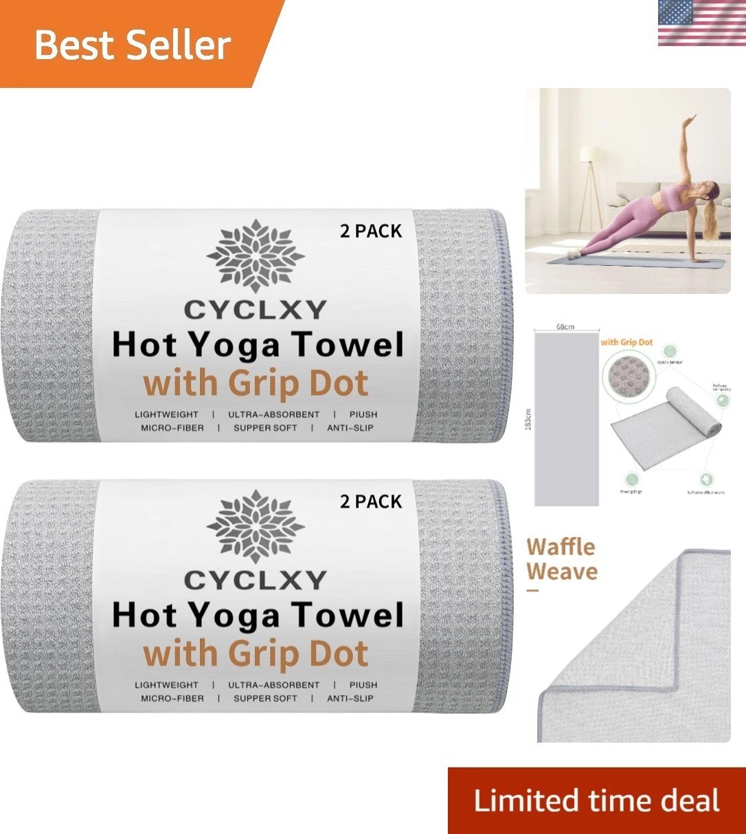 2 Pack Hot Yoga Towel with Grip Dot，Stickyfiber Yoga Mat Towels Non Slip for …